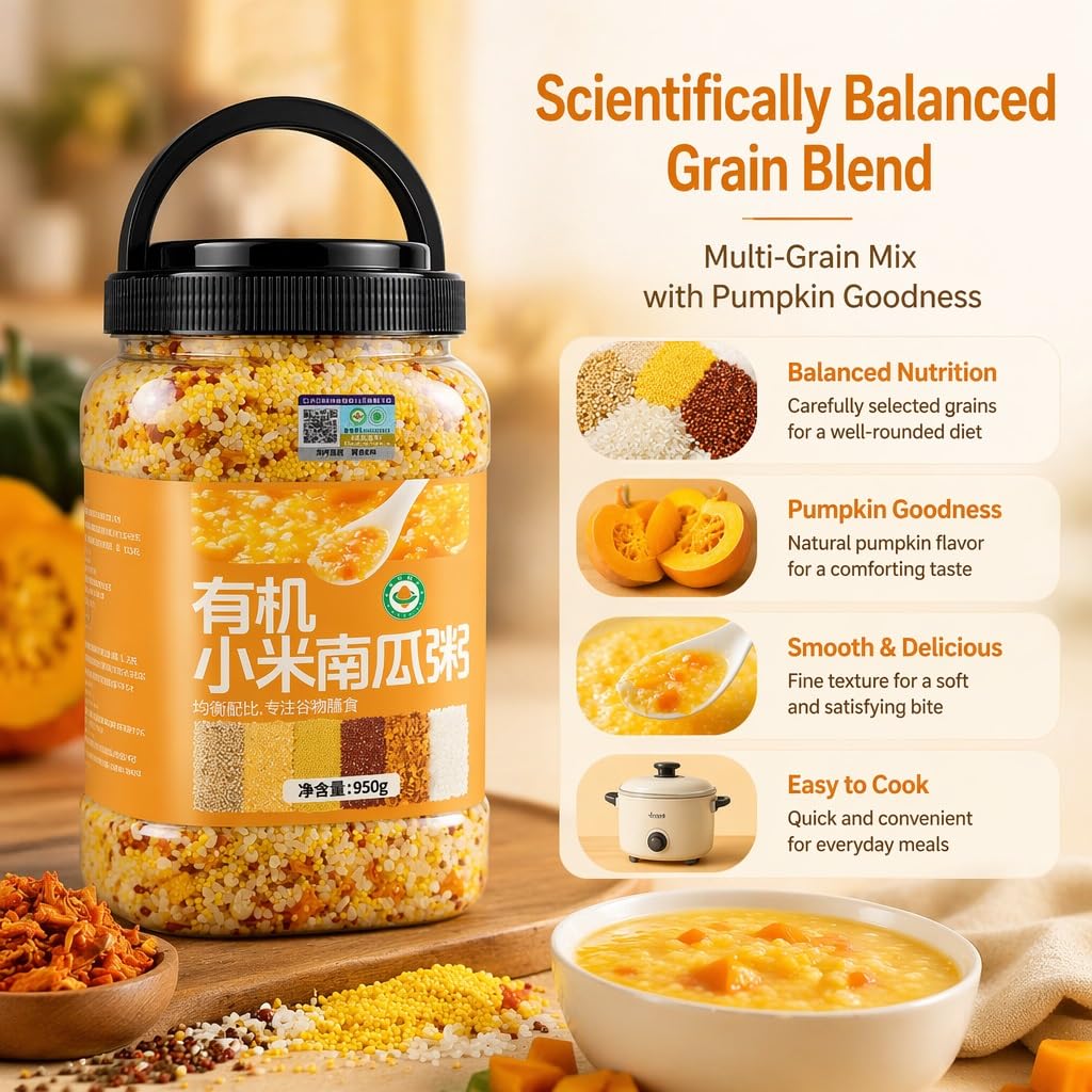 Mezcla De Gachas Calabaza Y Mijo Enlatadas, 950 G, Cereales Premezclados, Sin Remojo, Desayuno Merienda Fácil Preparación, Dulzura Natural, Tamaño Familiar