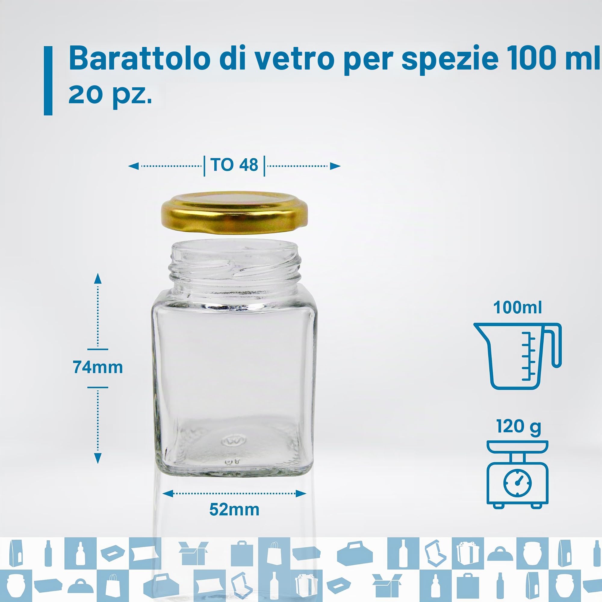 Espirito Rebelde 20 vasetti di vetro quadrato per spezie, 100 ml, con coperchio + 20 ardesie + gesso, barattoli portaoggetti da cucina, spezie, marmellata, yogurt