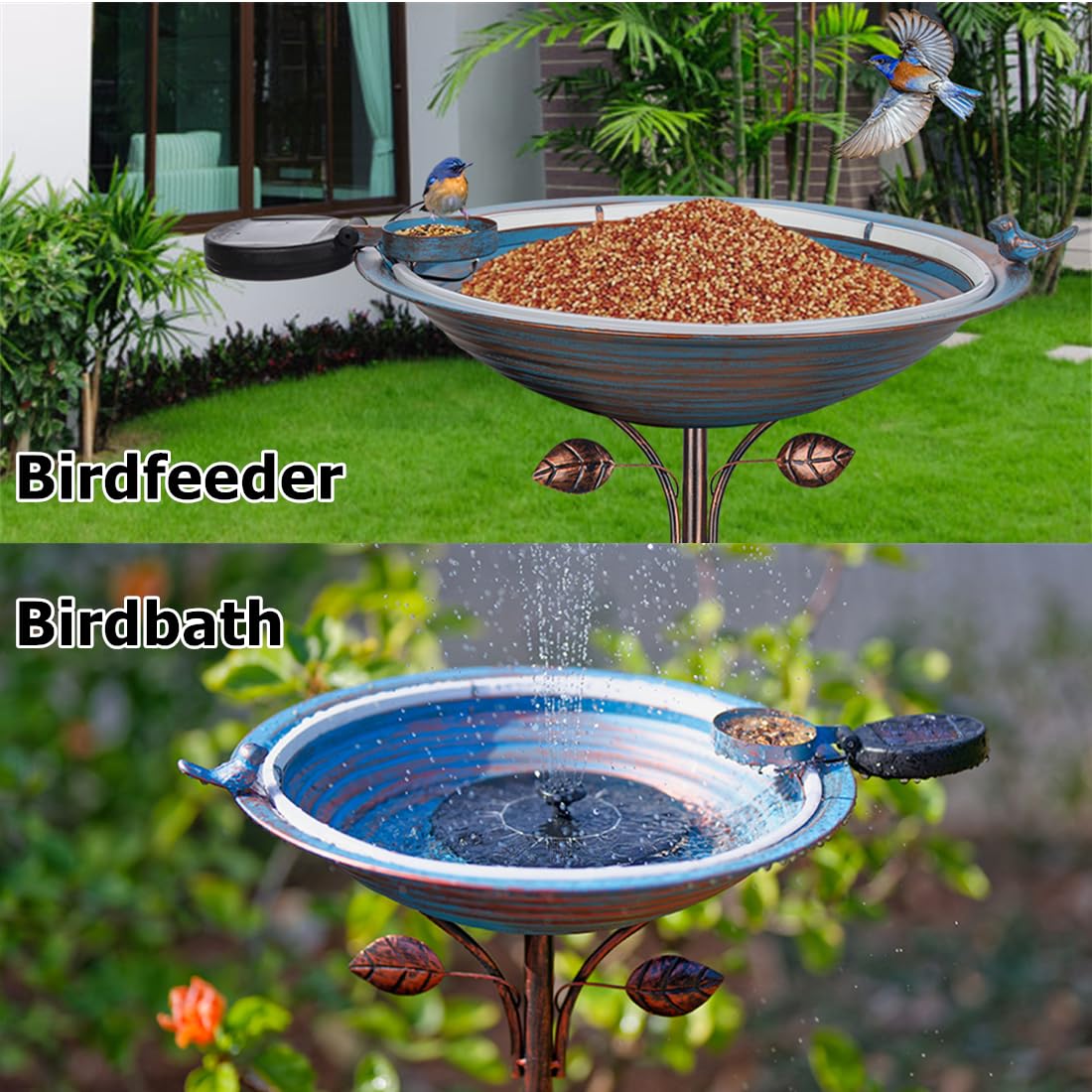 Vogeltränke aus Metall mit Pfahl, große stehende Vogeltränke mit Solarlicht, 99,1 cm hohe Vogeltränke und Futterstation mit 38,1 cm Schüssel und dekorativem Gusseisen-Vogel für den