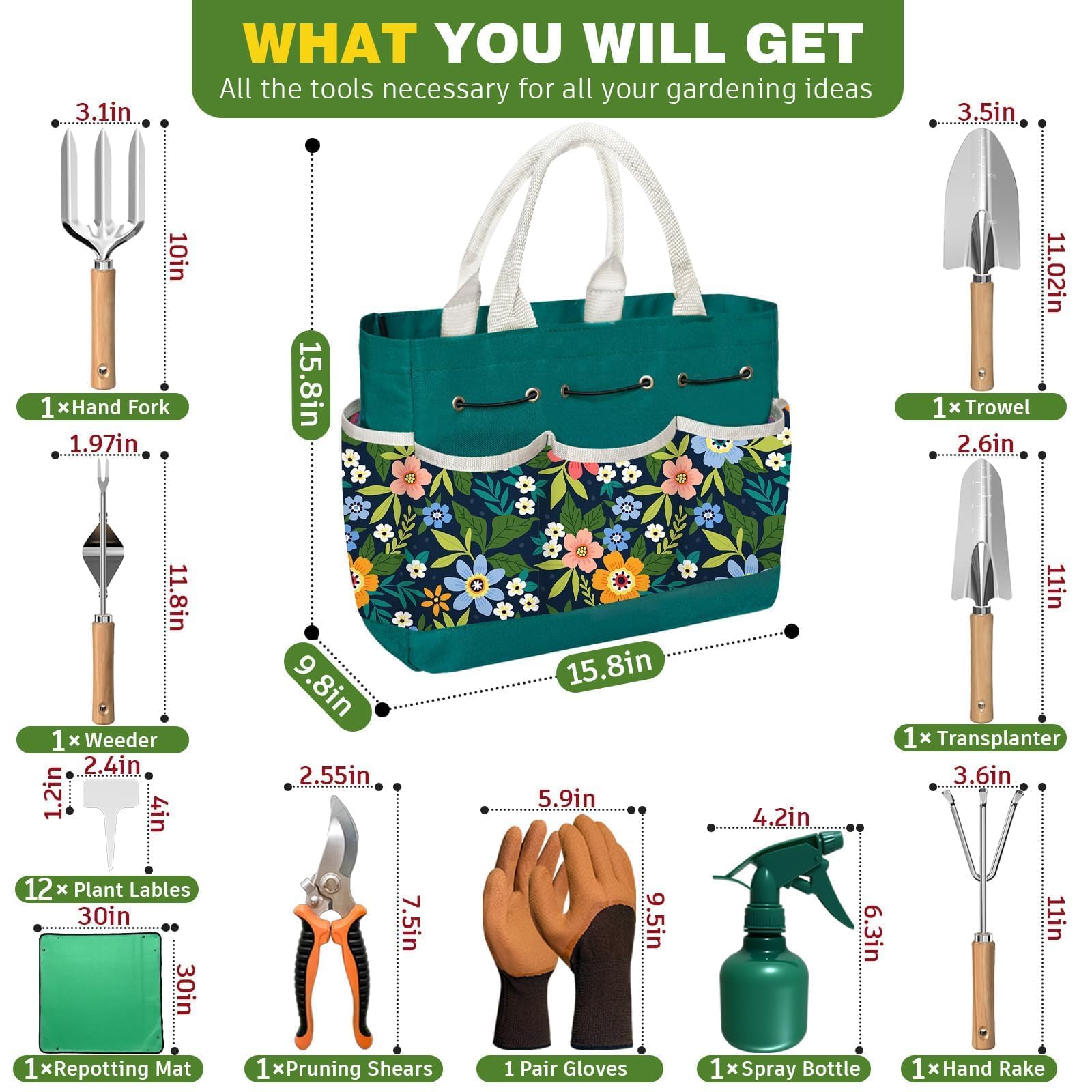 Juego de herramientas de jardinería para mujer, 22 piezas, juego de herramientas de mano para jardín, organizador, regalos para madre, principiantes, jardineros, accesorios de jardín con palas para