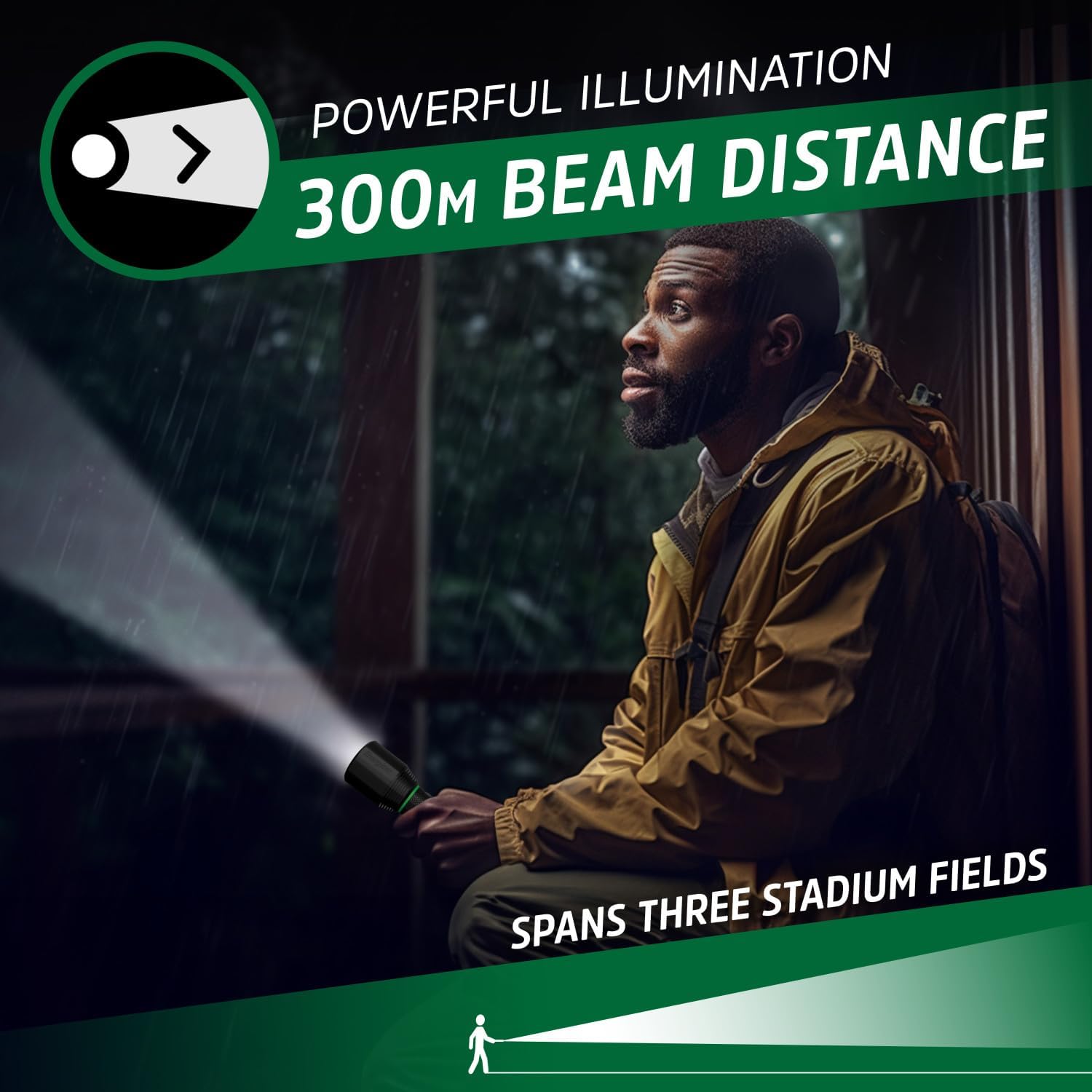 Man using Energizer 3500XT-R flashlight in the rain, showing 300m beam distance