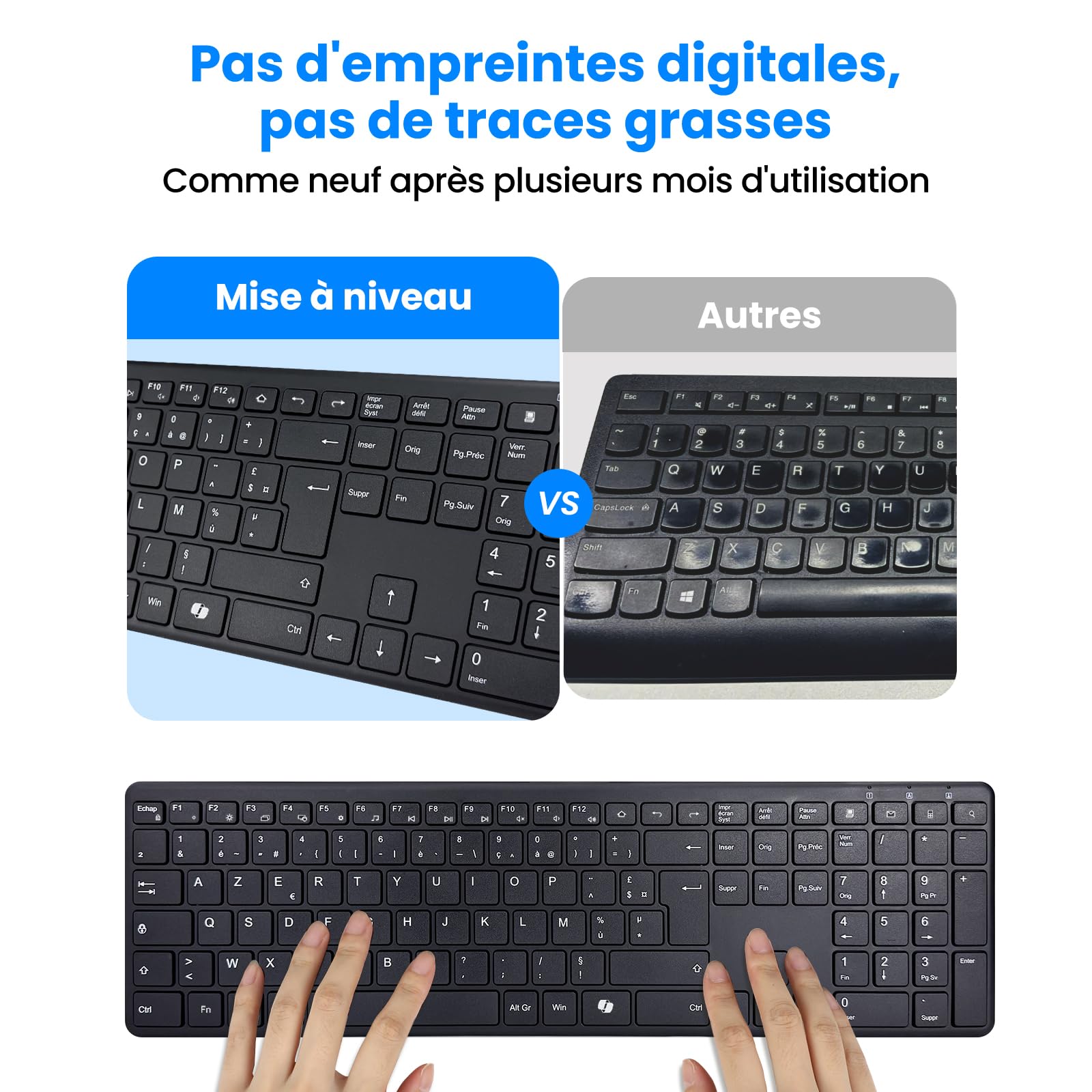 INFINMIND Clavier Sans Fil AZERTY, Ultra-Mince Clavier Silencieux Sans Fil avec 2,4 G USB Récepteur /Type-C,19 Raccourcis Multimédia Numérique Pavé Longue Batterie Autonomie pour Desktop,MAC,Windows