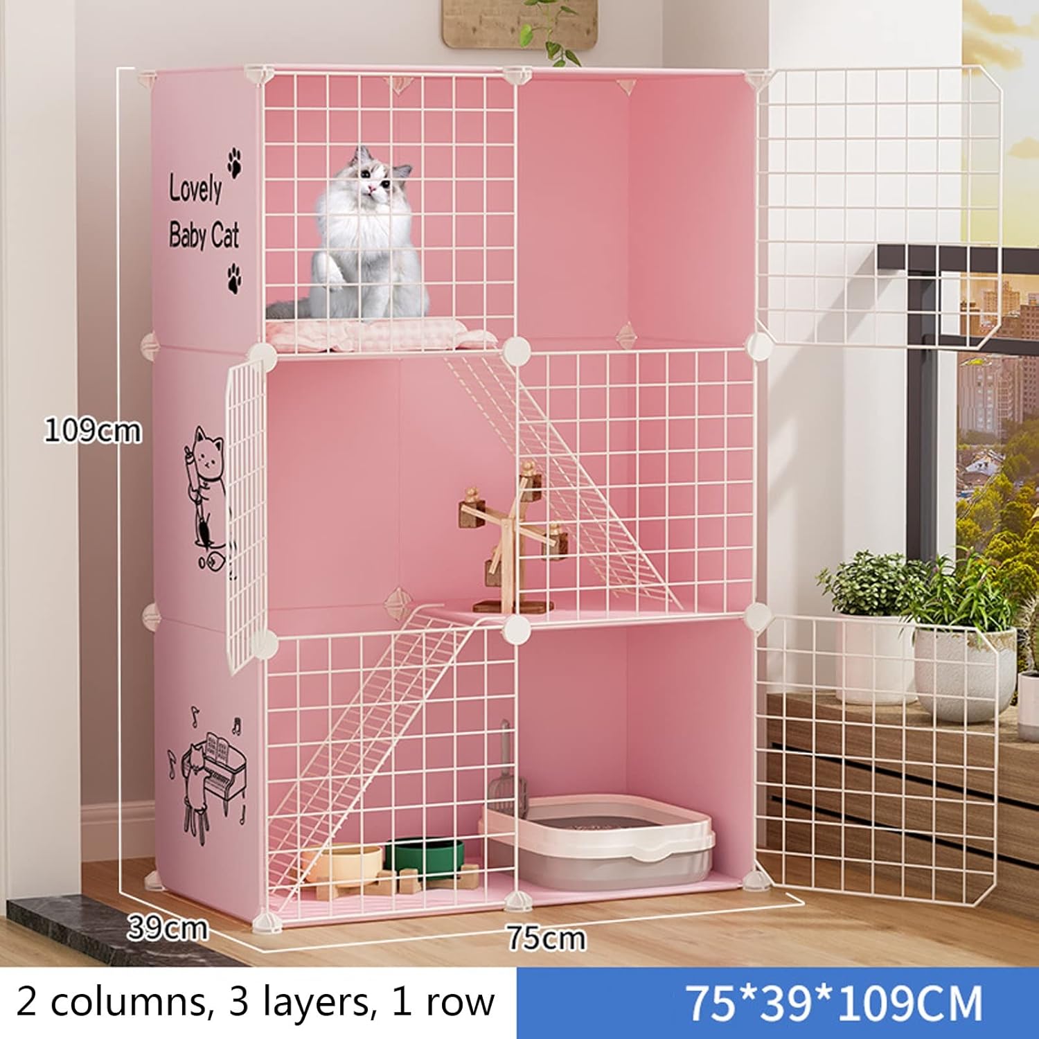 Cat Cage - Cat Enclosure, Indoor DIY Cat Playpen 2/3-Tier Detachable Kennels Crate Foldable Pet Apartment Home Indoor Cozy and Exquisite Cat Villa Ideal for 1-2 Cat (Pink C)