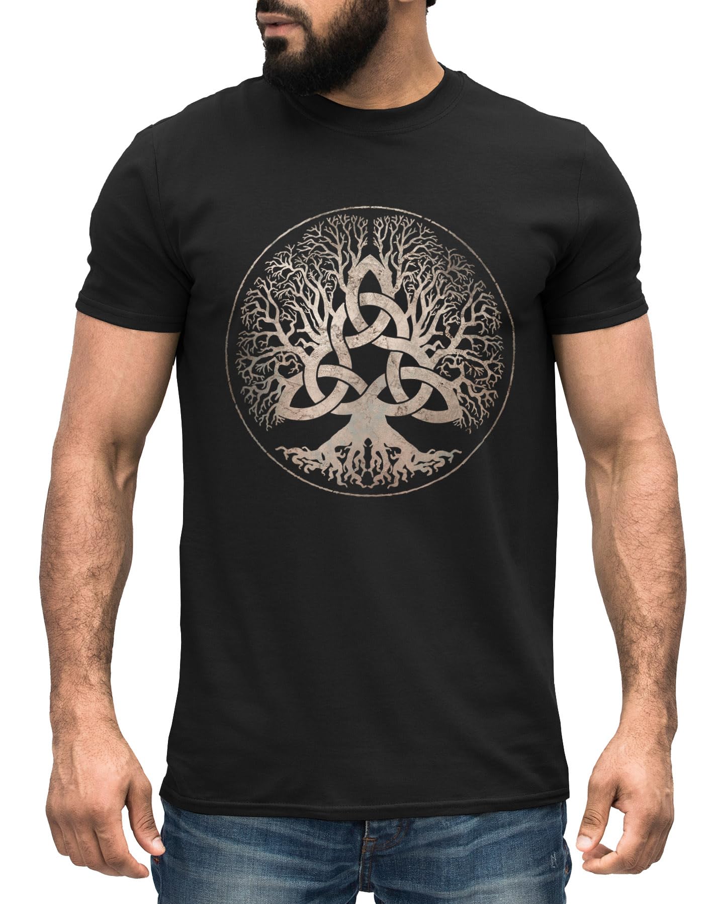 Neverless® Men's T-Shirt Berserker Bear Viking Warrior Odin Thor Valhalla Runes Valknut Nordic Mythology, Yggdrasil black-gold, L