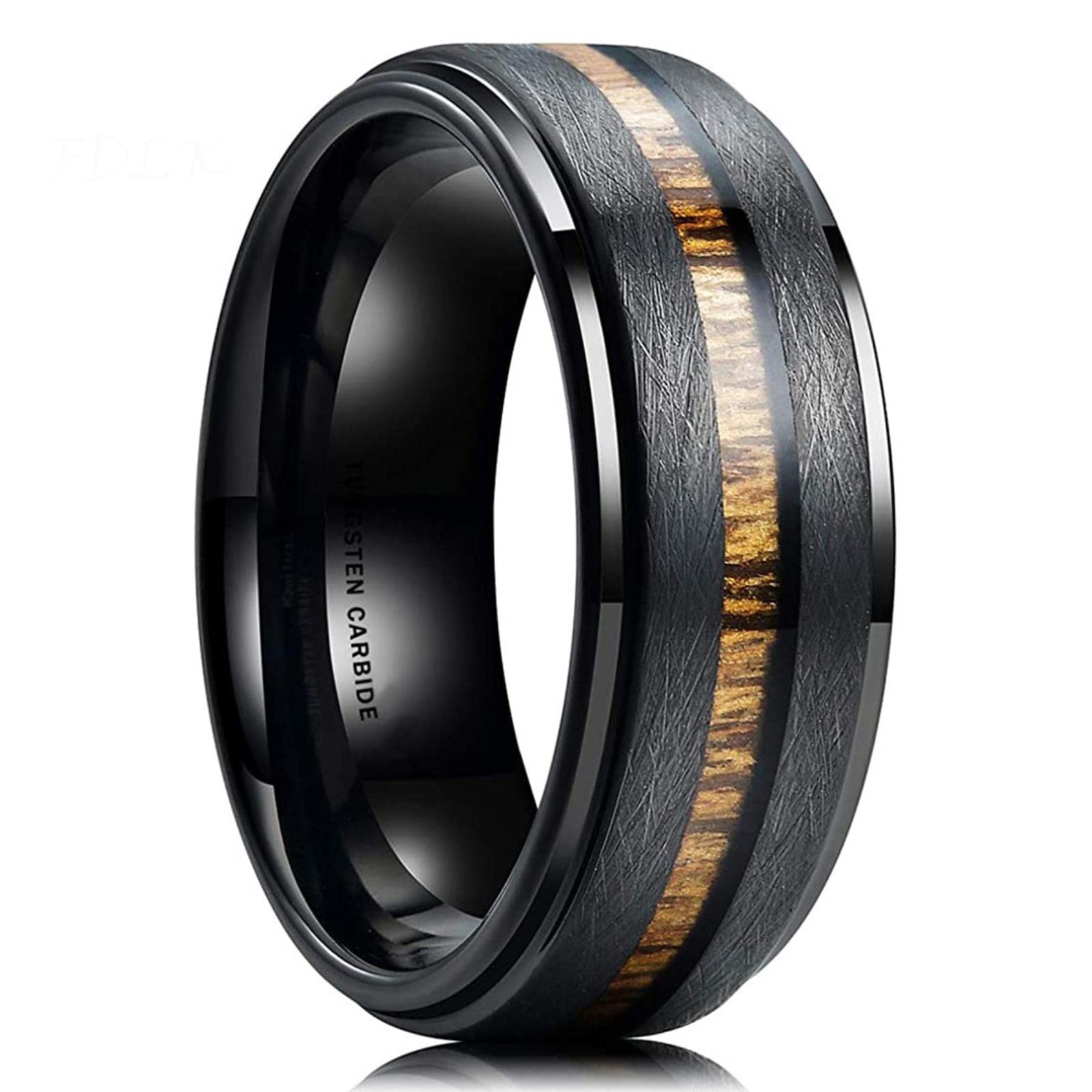 MAYIYAHO Luxury 8mm Men's Black Tungsten Carbide Ring Hawaiian Koa Wood Inlay Matte Brushed Finish Men's Promise Ring Men Wedding Band