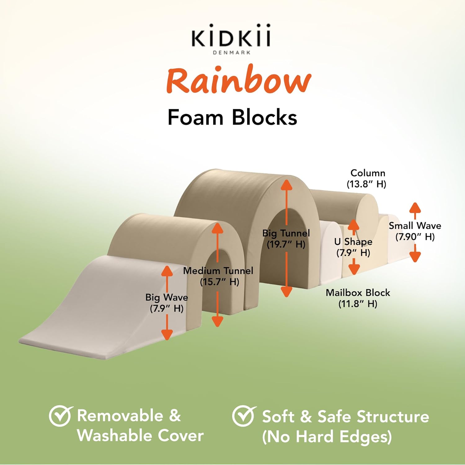 KIDKII Rainbow Play Set 7-Piece Foam Climbing & Motor Skill Play Kit, Indoor Activity Play System Set with Climbable Shapes for Toddlers, Cream/Beige