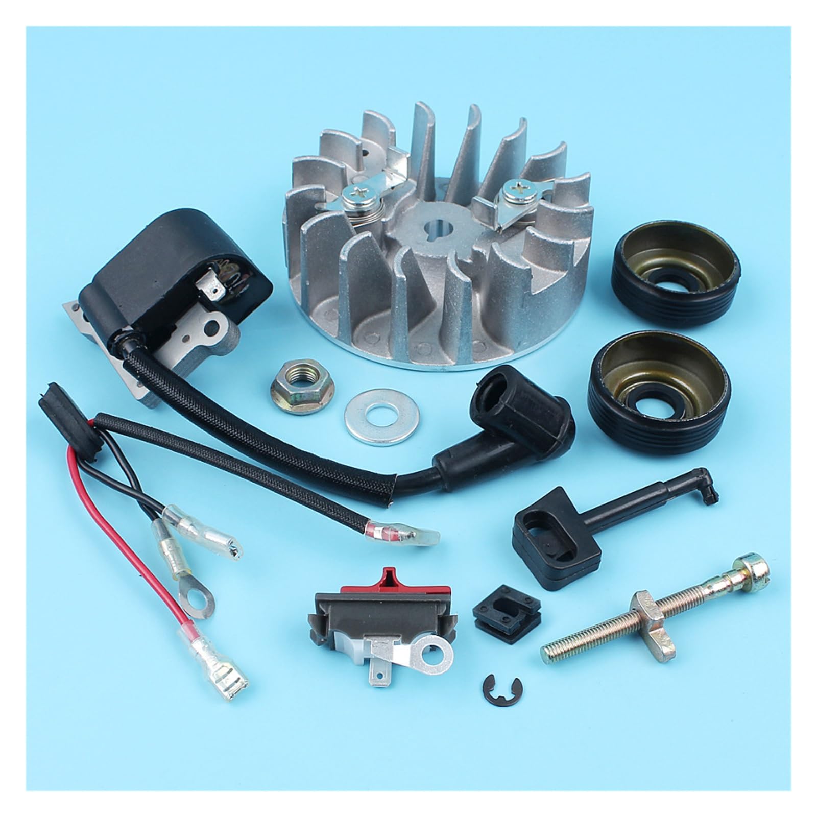 Interruptor de volante, bobina encendido, tensor cadena, sellos aceite for HUSQVARNA 137 137E 142 142E, motosierra con tuercas, palanca estrangulación