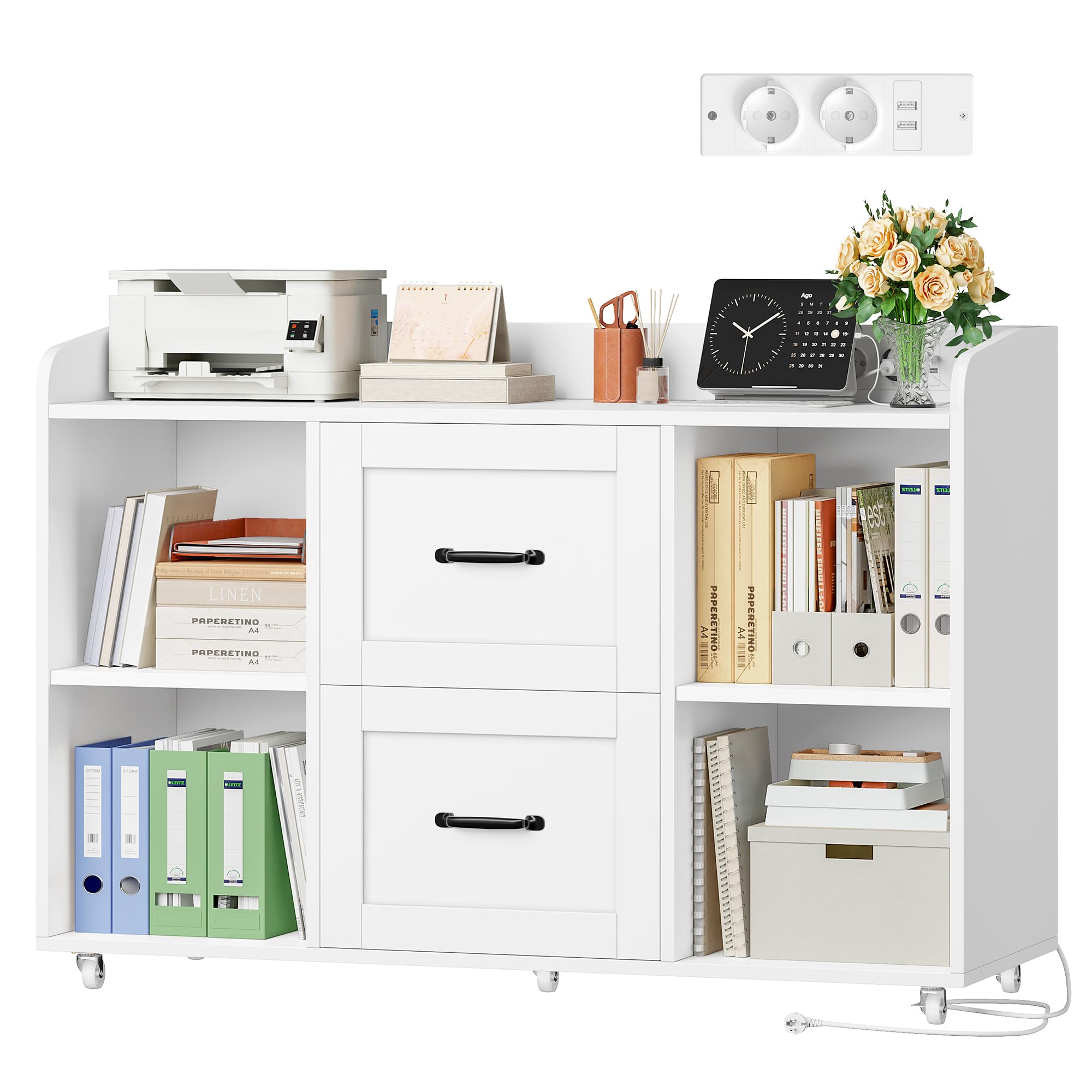 HOCSOK Armadietto Portadocumenti, Schedario da Ufficio, con Presa di Corrente e Porte USB, Cassettiera Ufficio a 5 Ruote, Cassettiera Scrivania per Documenti A4/Legal/Letter, Bianco, 108 * 37.8 * 76