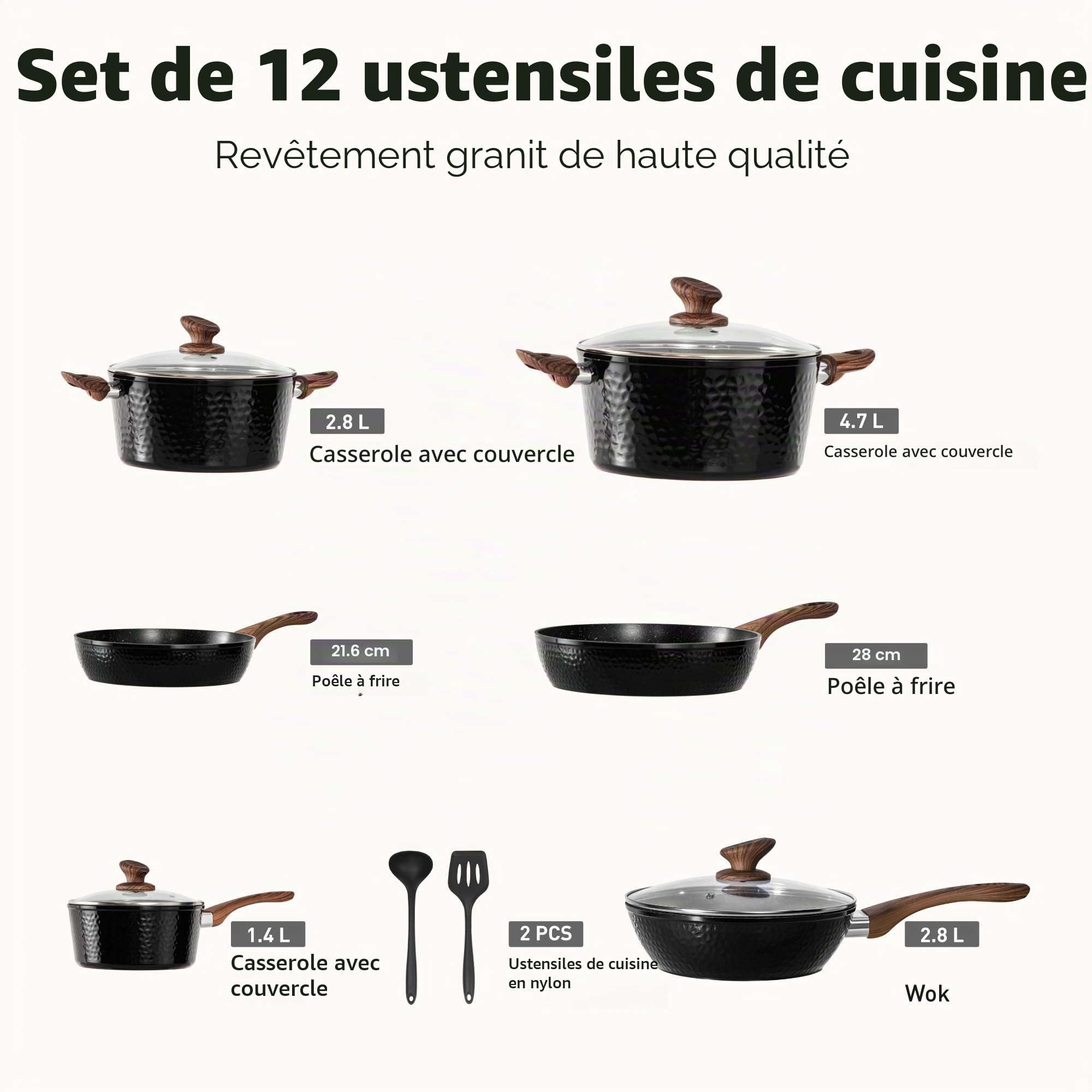 Kitchen Academy Set de 12 Casseroles et Poêles à Induction Noir | Revêtement en Granit et Couvercles en Verre Casseroles et Poêles Aluminium Antiadhésives Batterie de Cuisine à Gaz