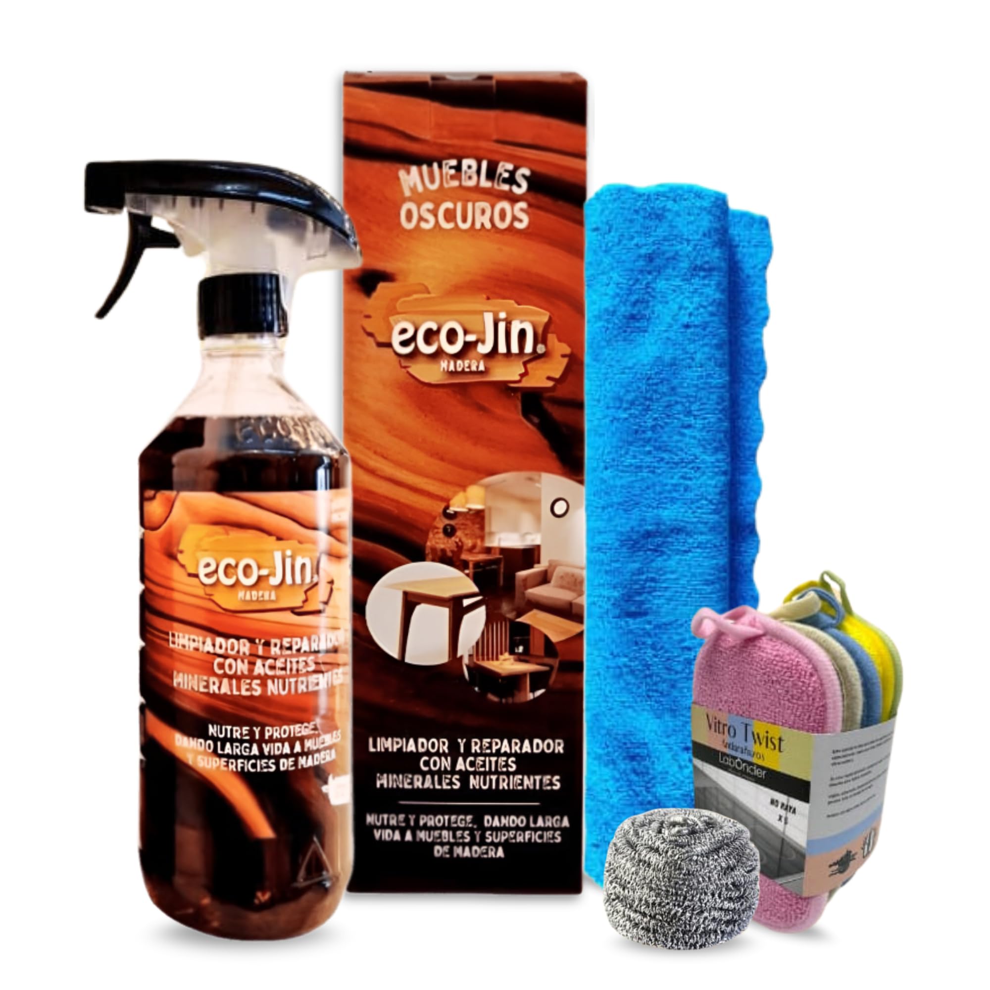 Eco-Jin Pack Oleo Madera Oscura | Bayeta Microfibra | Vitro Twist | Big Inox | Limpiador y Reparador con Aceites Naturales