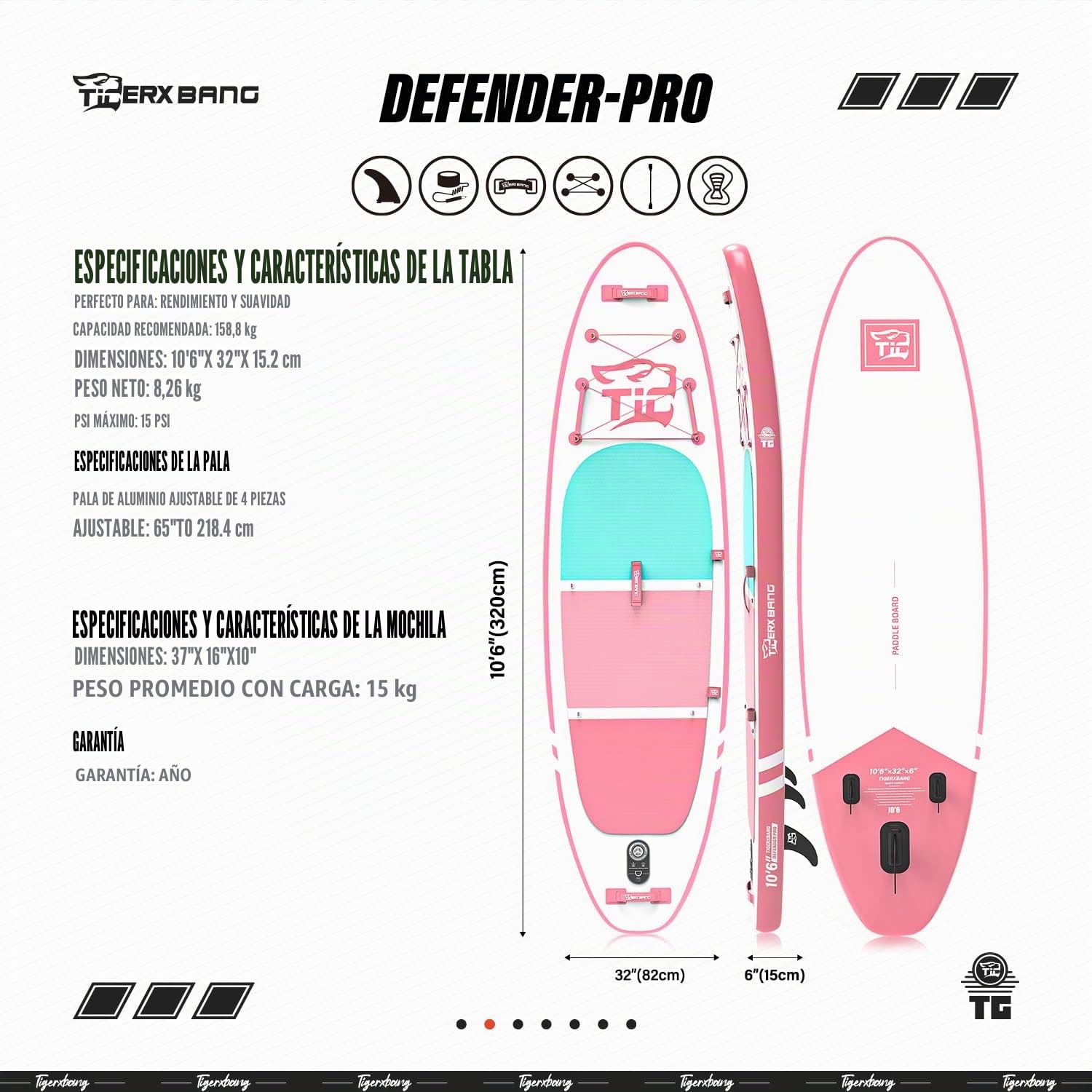 TIGERXBANG Tabla de surf de pie con remo, tabla de surf hinchable, colección Defender Pro
