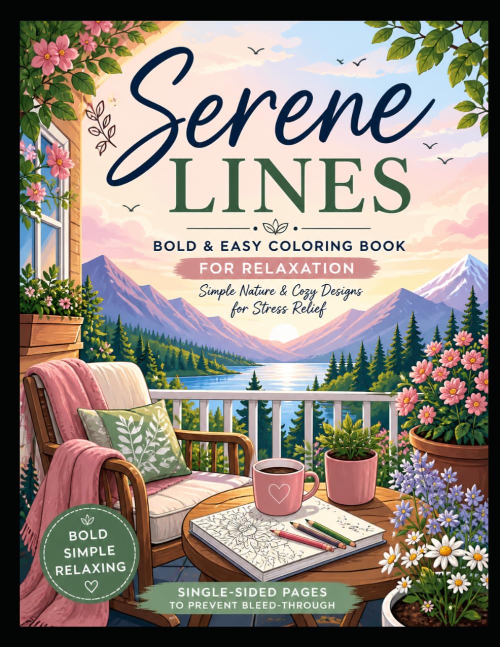 Serene Lines: Bold & Easy Coloring Book for Relaxation | Simple Nature & Cozy Designs for Stress Relief