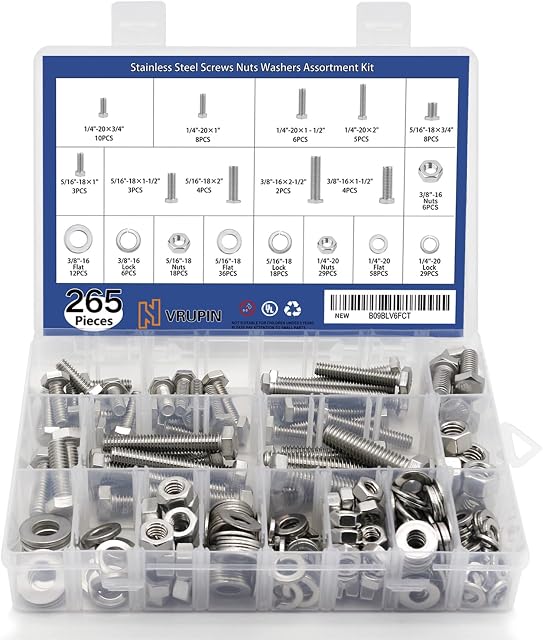 265PCS Bouchons et écrous 1/4"-20, 5/16"-18, 3/8"-16 en acier au carbone Boulets et éviers Ensemble de vis pour le matériel (3 Types, 4 Différents Sizes-3/4”, 1”, 1-1/2. 2”)