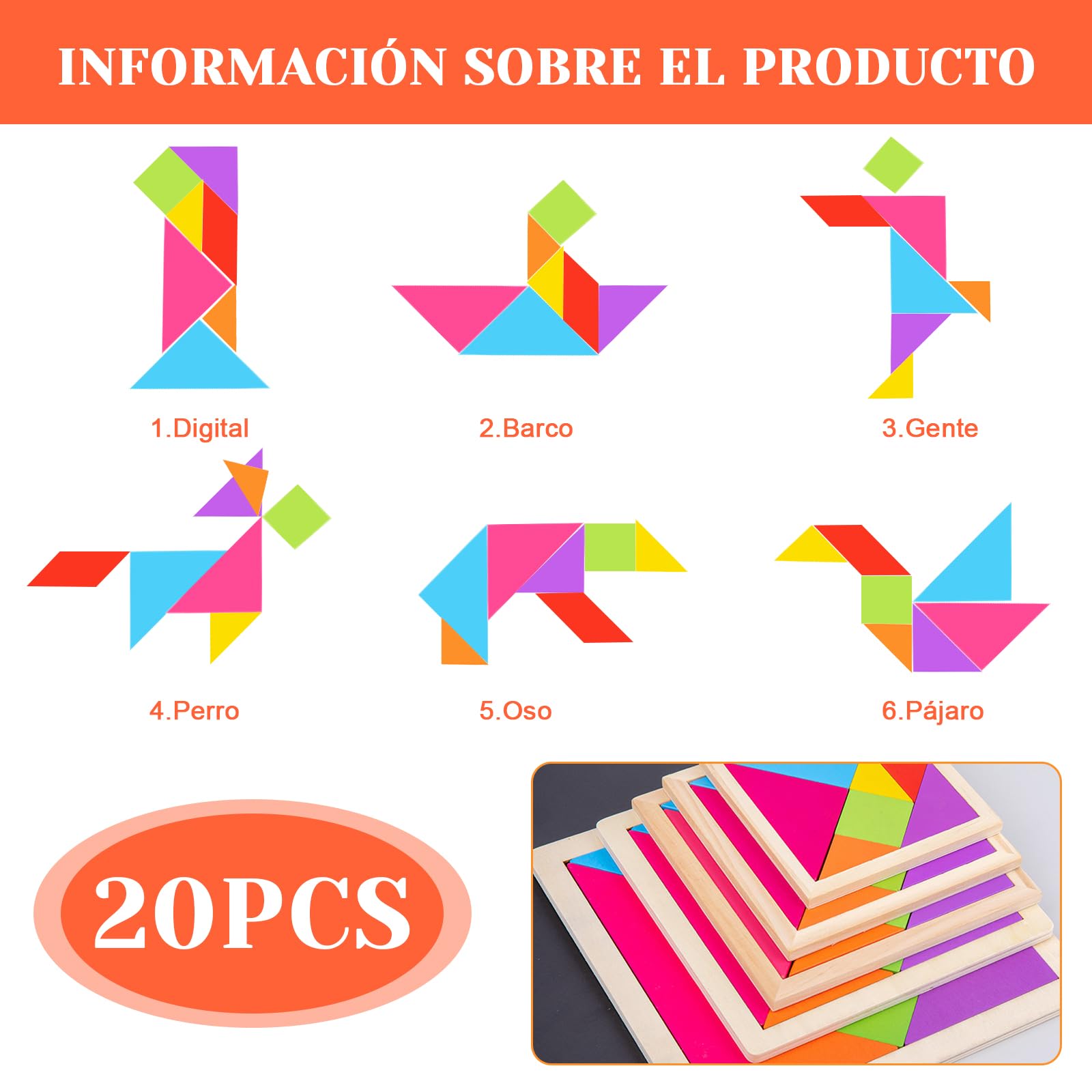 Set di 20 Gioco Tangram in legno per bambini, regali di compleanno per bambini, Giocattoli educativi tipo Montessori Compleanno Puzzle per la scuola per bambini