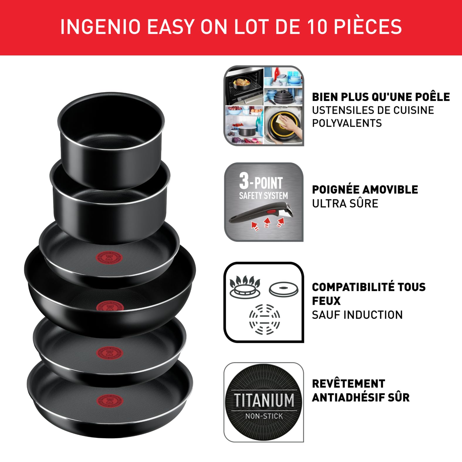 Tefal Ingenio Batterie de cuisine 10 pcs, Poêles, Casseroles,Wok,Couvercles, Poignée, Non induction, Revêtement antiadhésif, Empilable, Compatible lave-vaisselle, Fabriqué en France, Easy On L1599802