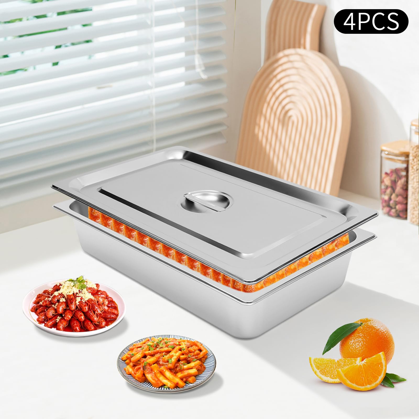 4 bandejas de buffet para calentar alimentos, catering cafeteria, recipientes térmicos de acero inoxidable con tapa para catering, bufés y fiestas