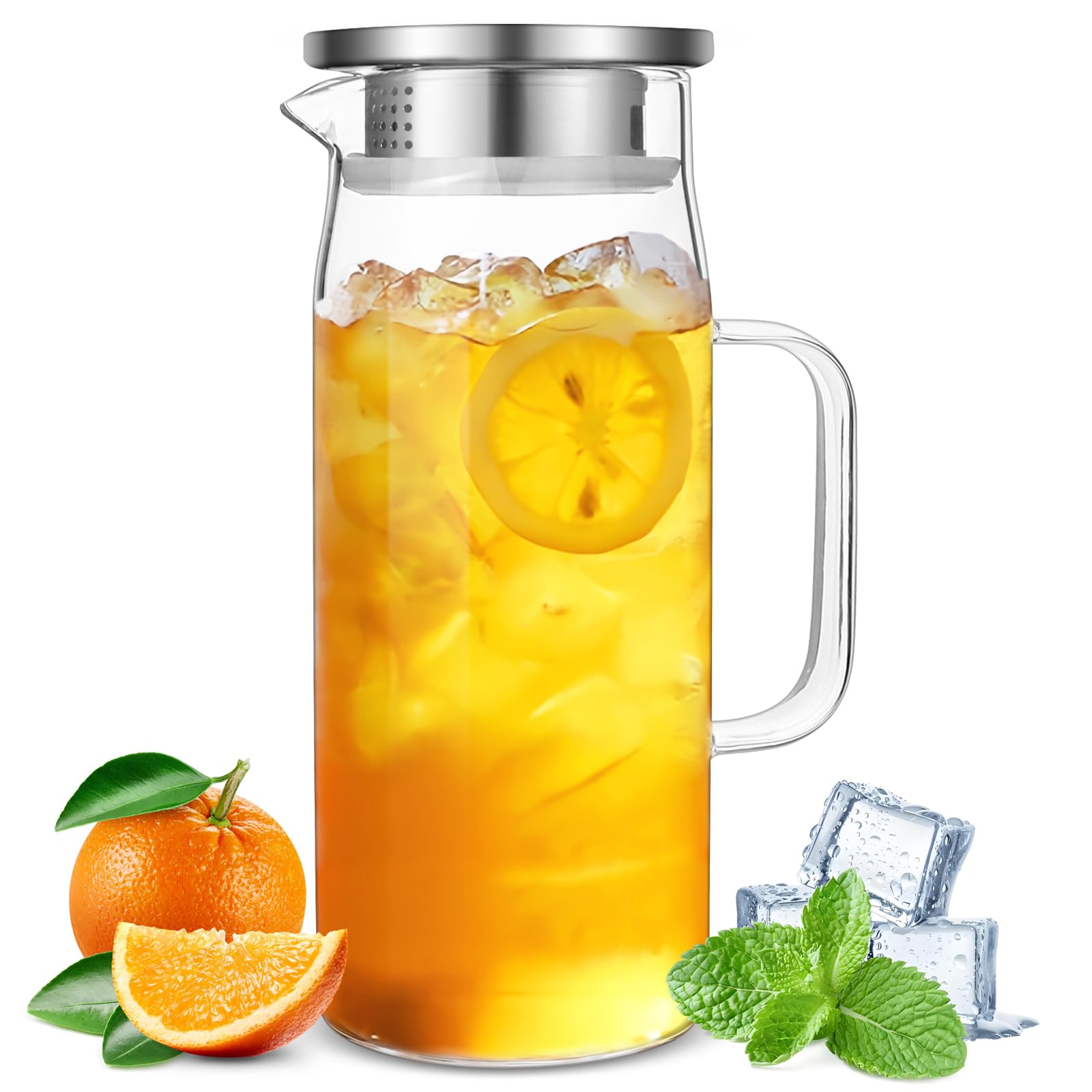 Glass Pitcher, Yeelua 1L Large Capacity Kettle with Removable Lid, Clear Glass Pitcher Carafe for Refrigerator, Hot Cold Water Jug, Beverage Carafe for Tea Cafe Lemonade