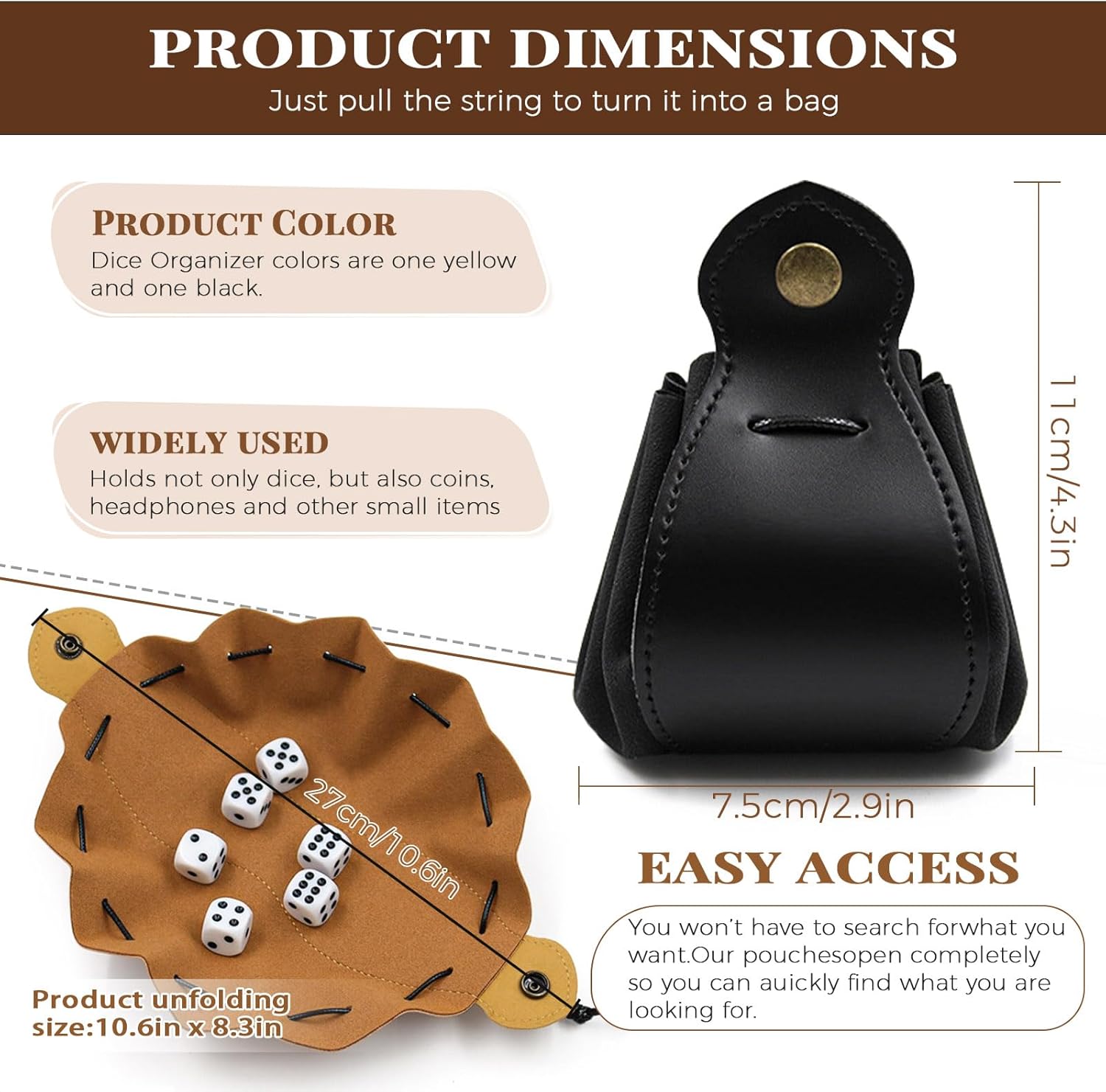 2pcs Dice Bag Yellow Black, Dice Storage, Leather Dice Bag, Dice Tray, Drawstring Bags, Leather Drawstring Pocket, Mini Dice Bags, Jewelry Packing Bags (yellow&black)