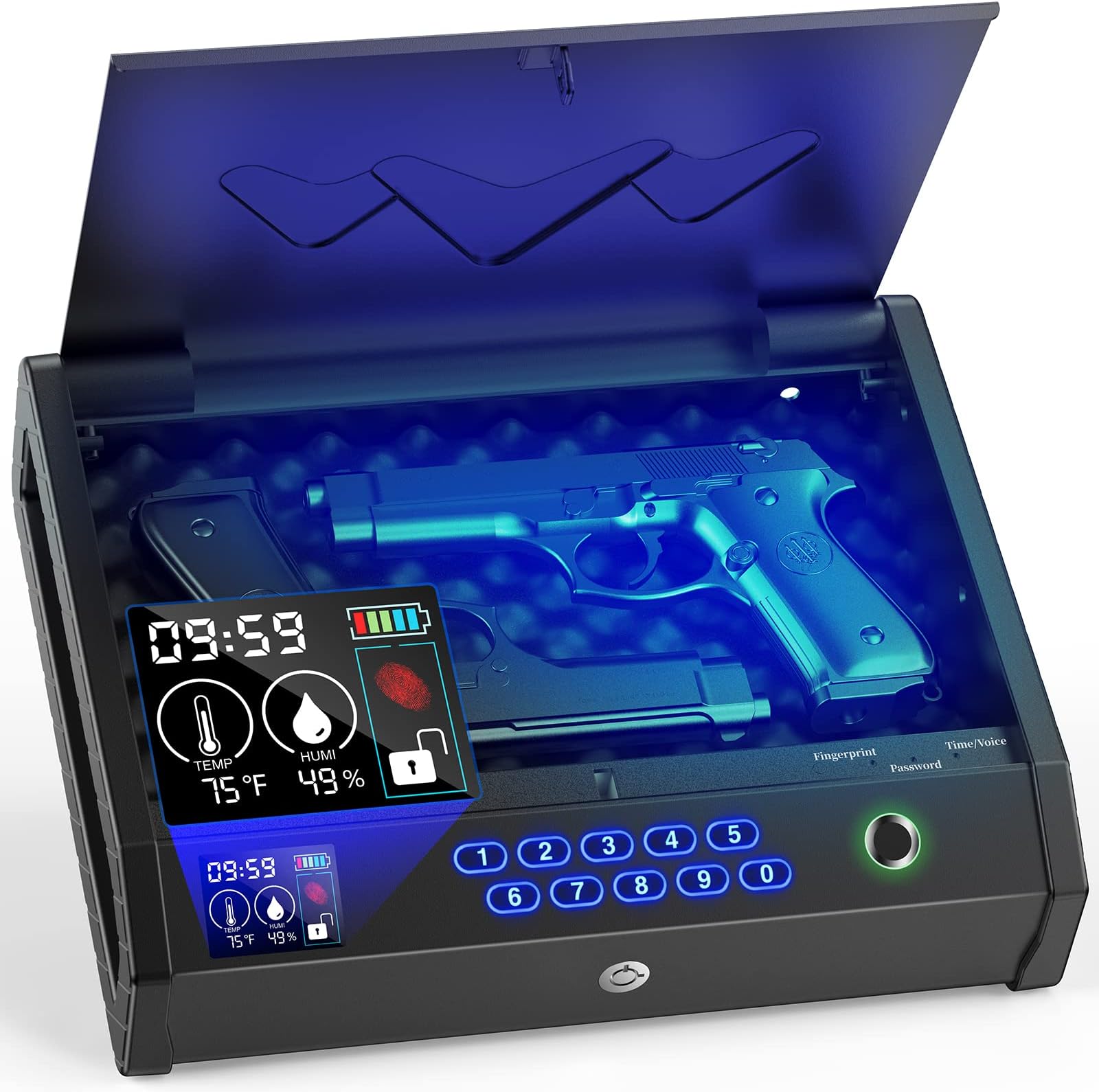 HOLEWOR Gun Safe, Biometric Gun Safes for Pistols with LCD Display of Temperature Humidity, Fingerprint Quick Access Pistol Safe Solid Handgun Safe