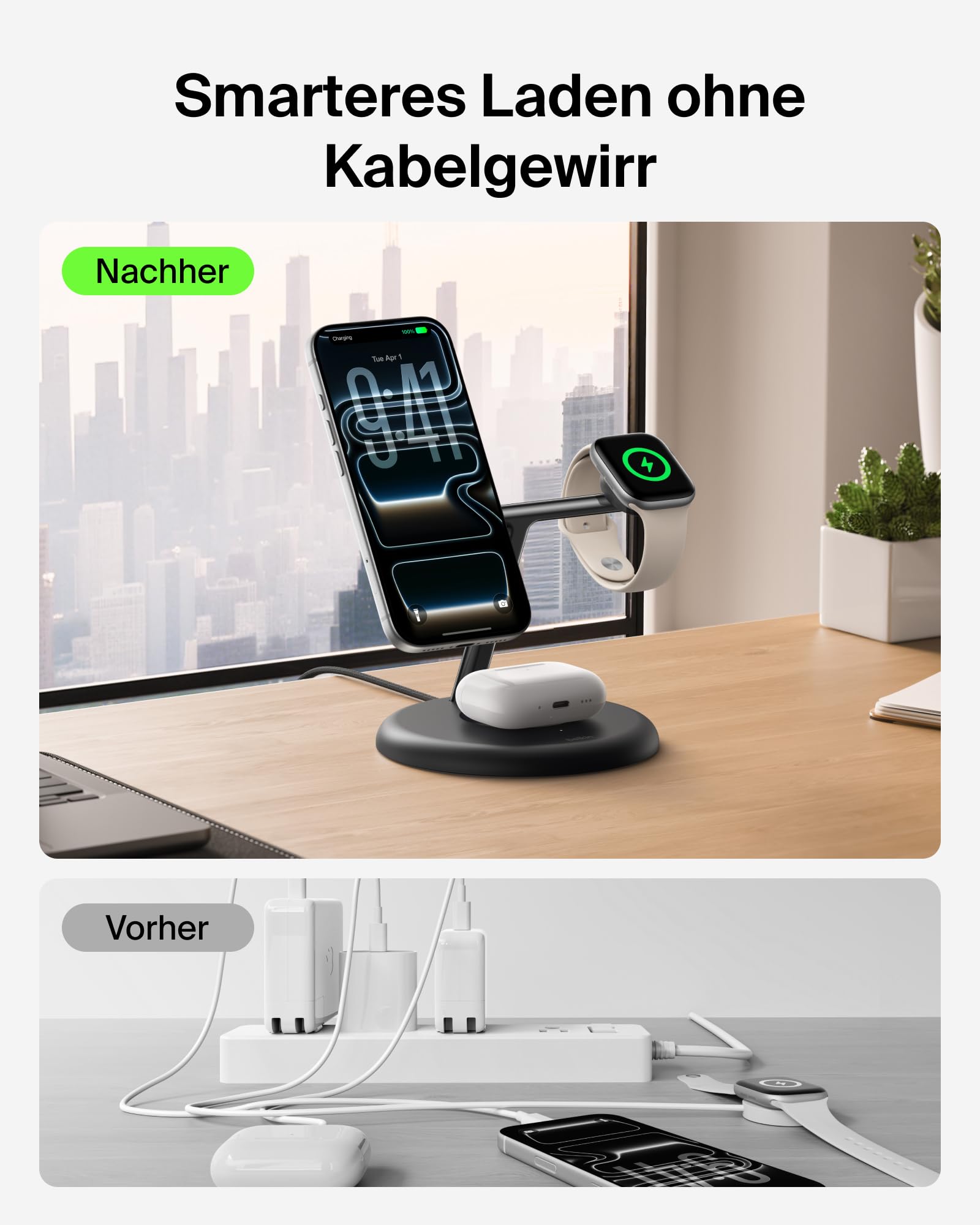 Belkin UltraCharge 3-in-1 Induktive Ladestation mit Qi2, 25W – Schwarz | Qi2.2-zertifiziert, MagSafe Kompatibles Kabelloses Ladegerät für iPhone, Apple Watch, Kopfhörer; USB-C-Kabel, 45W Netzteil