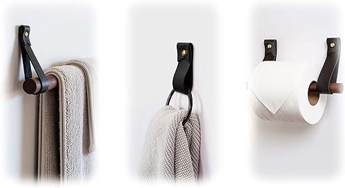 Bathroom Fixture Kit includes leather & wood Toilet Paper Roll Holder, Bath Towel Rail, leather & brass hanging Hand Towel Ring hook with gold