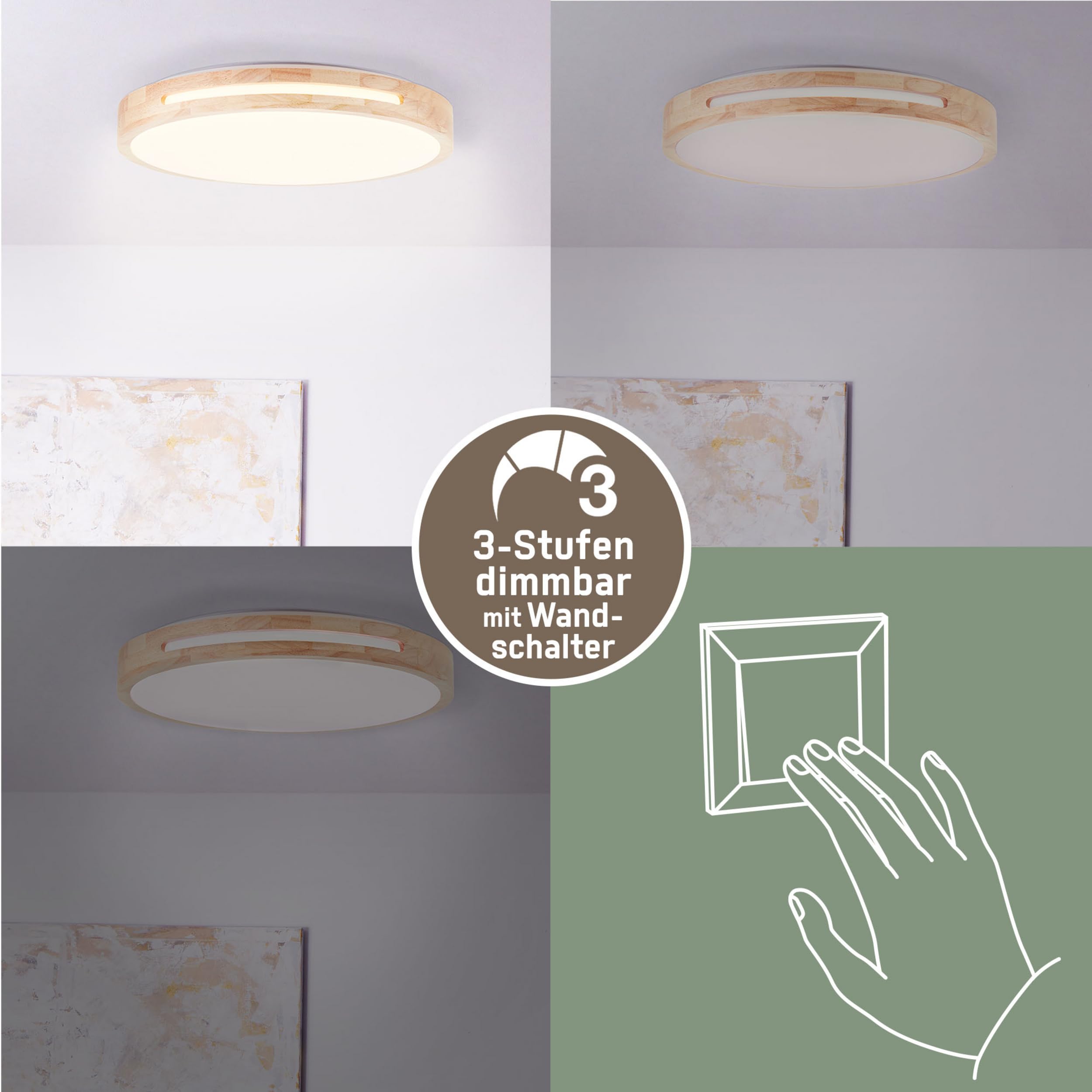 Lightbox Aplique y plafón LED regulador de intensidad de 3 pasos y marco de madera marrón claro de árbol de caucho y color de luz blanco cálido (3000 K) | Ø 39 cm | 24 W | 2100 lm | fabricado en
