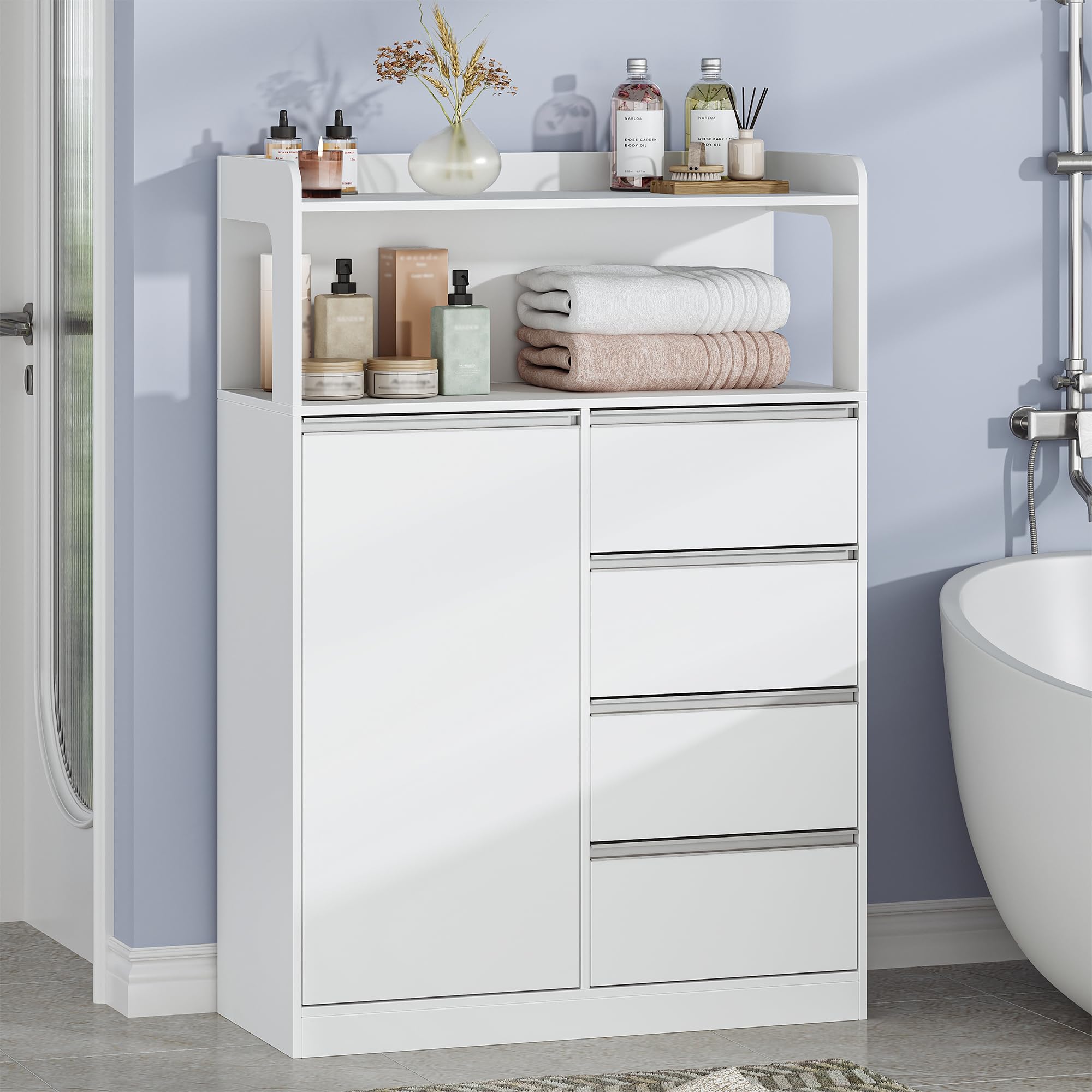 HEXCELEN Mobile da Bagno, Armadietto Autoportante, con 4 Cassetto e Ripiano Regolabile, Armadietto da Salvaspazio con Cassetto Spazioso, per Bagno, Soggiorno, Corridoio, Bianco, 30 x 80 x 110 cm