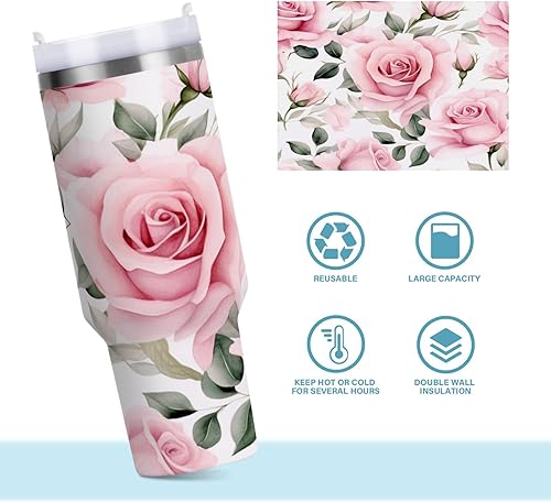 Miniatura 8 de Vaso aislado de acero inoxidable de 40 onzas con asa y tapa, taza de viaje con pajita, taza térmica, flor rosa rosa