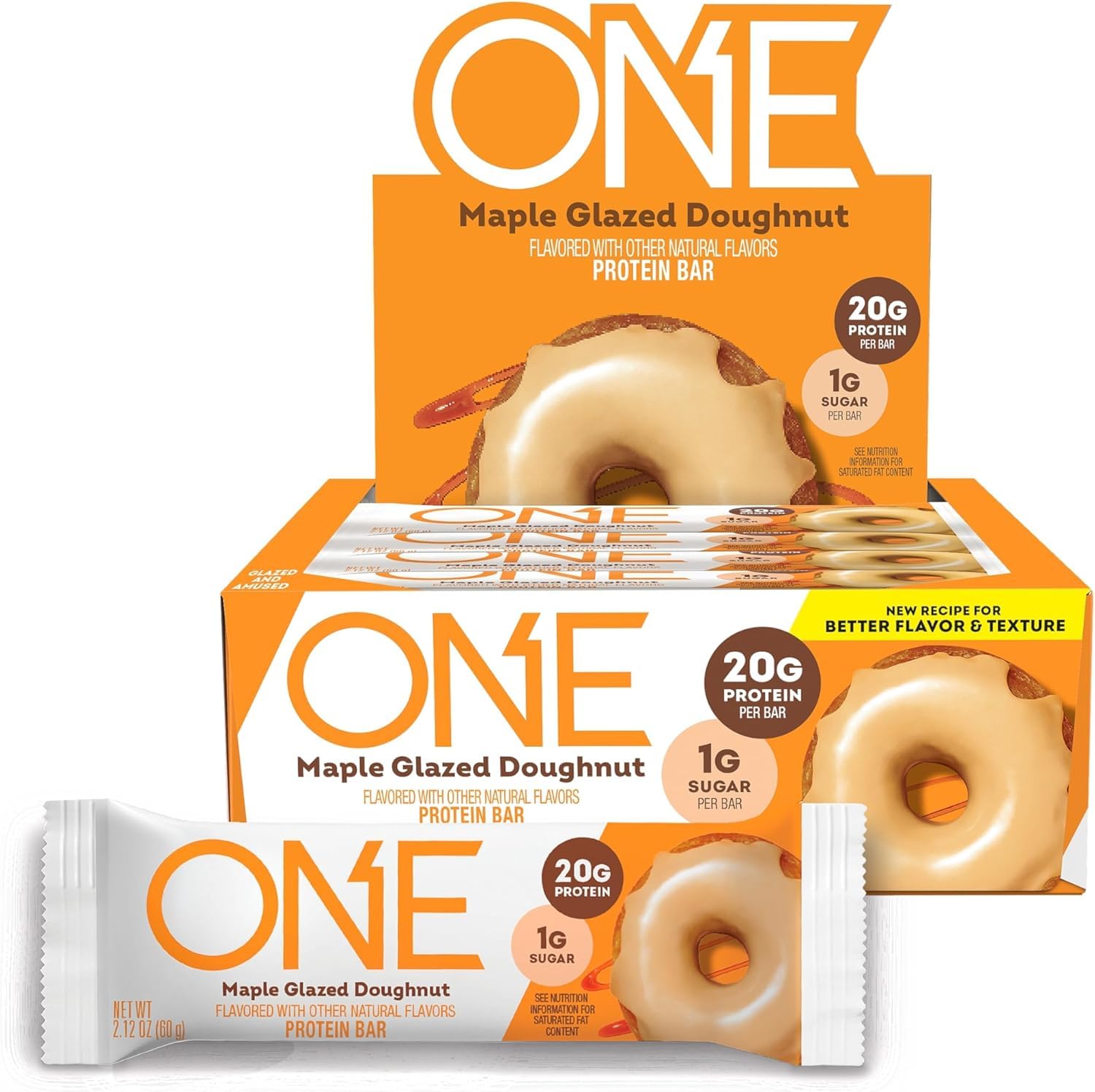 ONEProtein Bars, Maple Glazed Doughnut, Gluten Free with 20g Protein and 1g Sugar, Pantry Staples, 2.12 oz (12 Count)