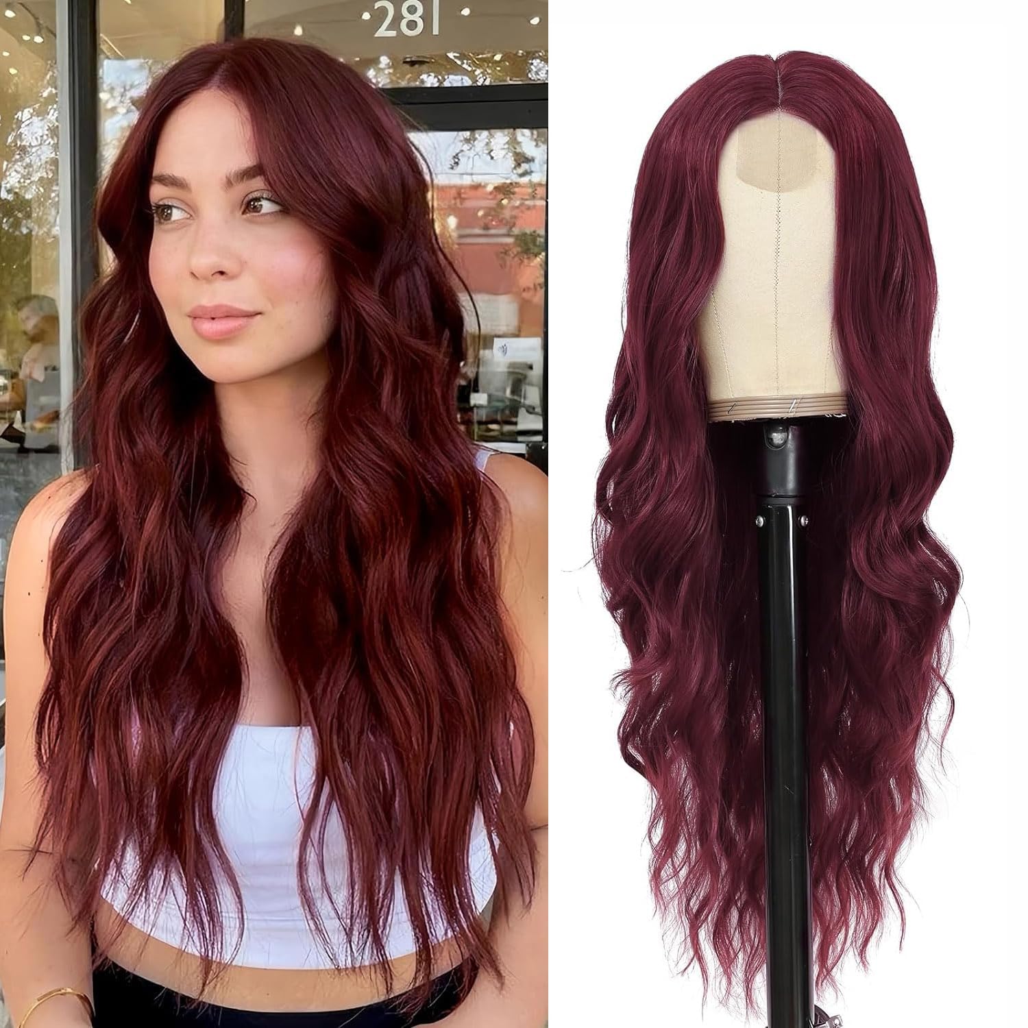 Veally Long Wavy Burgundy Wig for Women 26 Inch Middle Part Wine Red Curly Wavy Wig Natural Looking Synthetic Heat Resistant Fiber for Daily Halloween