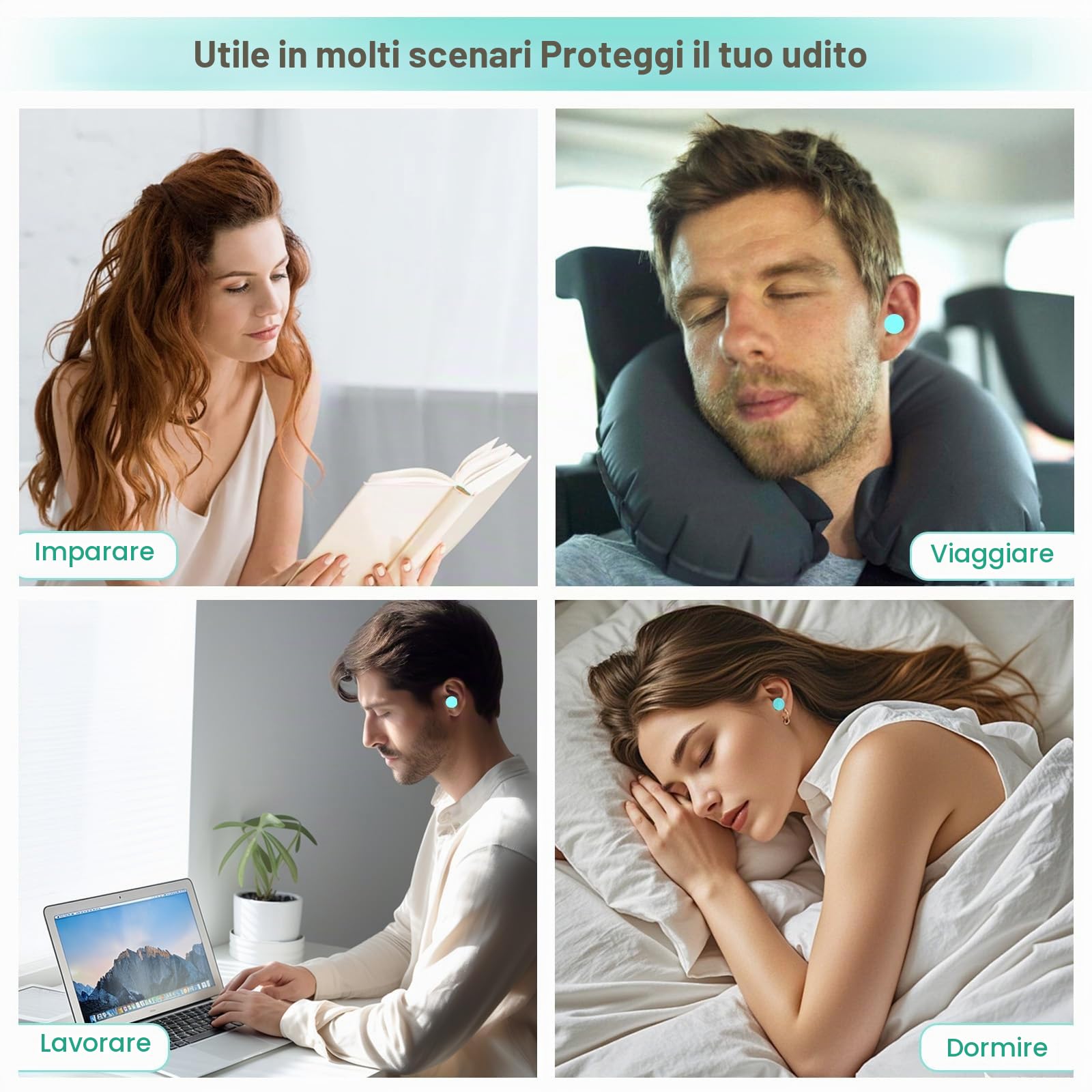 SURFOU Tappi Orecchie Dormire, 60 Paia, Riduzione Rumore 38 dB, Riutilizzabili e Confortevoli, Ideali per Russare, Studio, Viaggio, Moto, Ufficio, Dormitori Laterali, Turchese