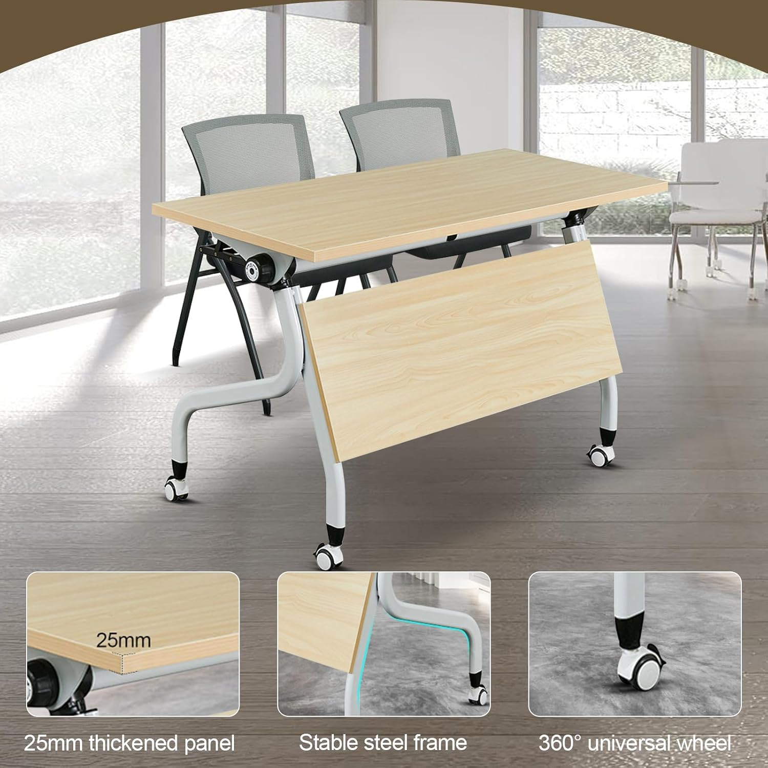 Tavolo da conferenza Pieghevole con Ruote silenziose, Design salvaspazio, Struttura in Metallo, Piano Ribaltabile Portatile per la Stanza