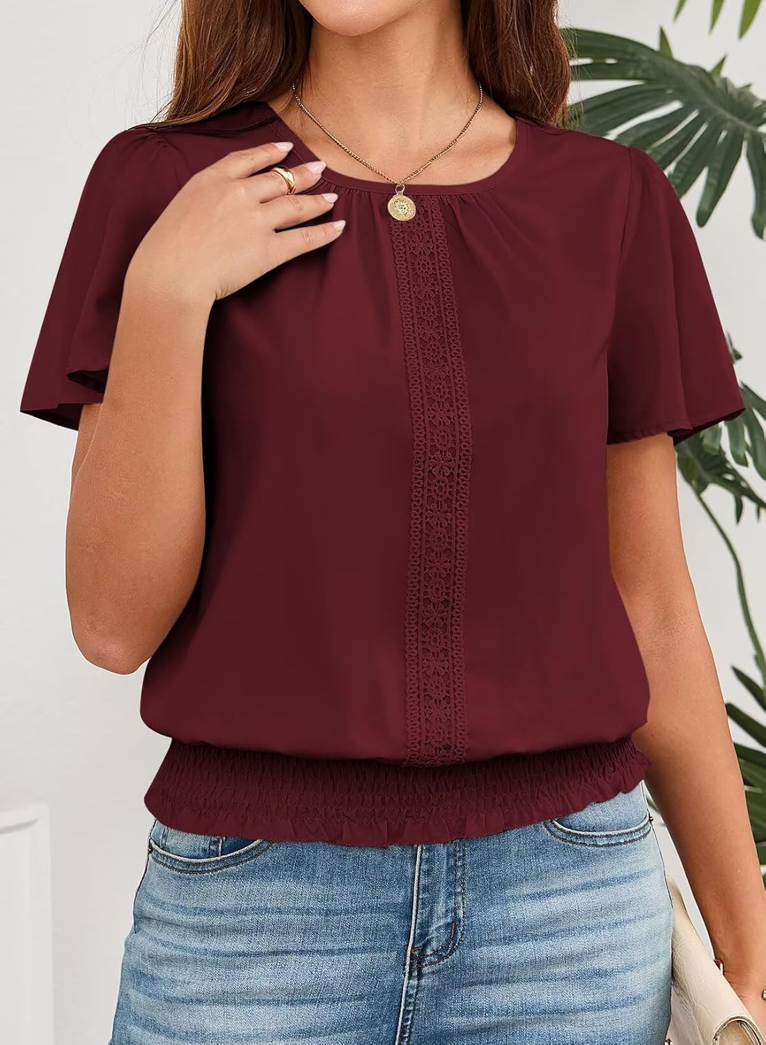 Burgundy Blouses for Women Short Sleeve Ruffle Sleeve Tops for Women Summer Scoop Blouses Dressy Casua Neck Pleated Front Casual Outfits Redl M - Image 2