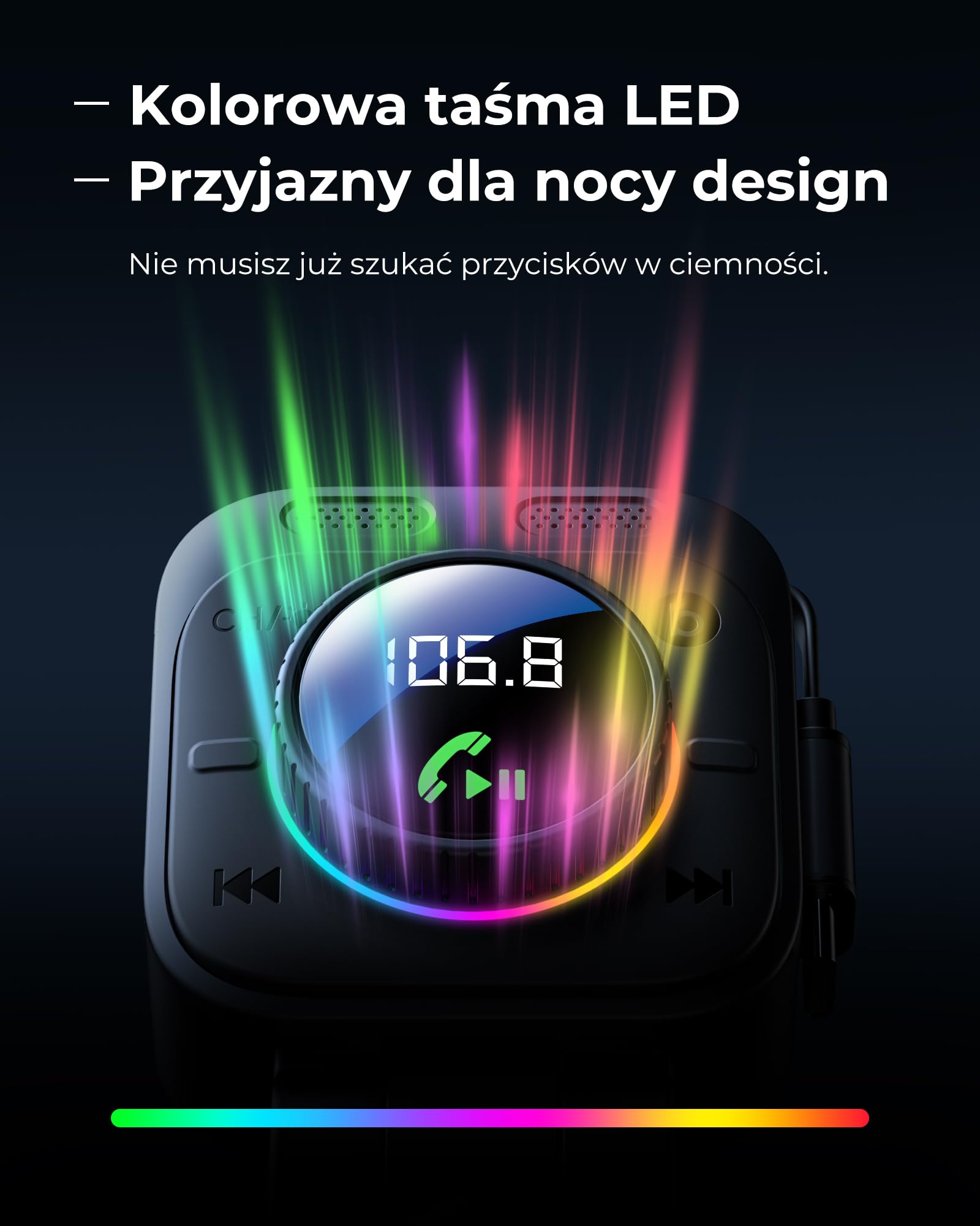LENCENT Samochodowy nadajnik FM 72 W, Bluetooth 5.4, adapter Bluetooth | z wyciąganym kablem do ładowania, zapalniczka z gniazdem USB-C, basem i zestawem głośnomówiącym, muzyczny, obracany o 180