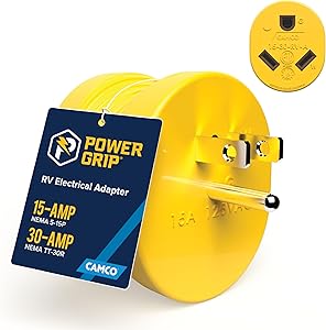 Camco Heavy Duty RV Auto PowerGrip Adapter- Contoured Shape for Easy Grip and Removal, 15M/30F (15M, 30 Amp, 125 V, 1875 W) (55223)