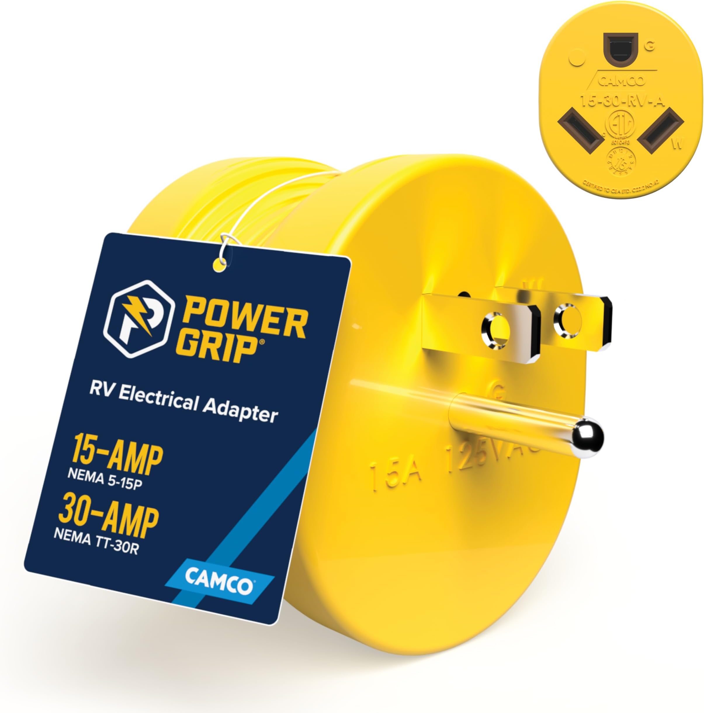 Heavy Duty RV Auto PowerGrip Adapter- Contoured Shape for Easy Grip and Removal, 15M/30F (15M, 30 Amp, 125 V, 1875 W) (55223)
