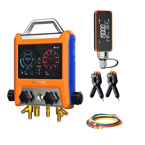 Elitech Medidor digital de colector de 4 válvulas HVAC con mangueras de refrigerante, medidor de micrón de vacío, abrazaderas de termómetro,