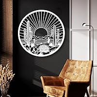 Vista 5 de Arte de pared de metal de cactus del desierto, decoración de pared redonda del desierto con diseño de cactus y puesta de sol, arte de pared de metal