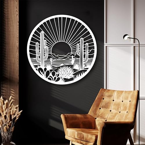 Miniatura 5 de Arte de pared de metal de cactus del desierto, decoración de pared redonda del desierto con diseño de cactus y puesta de sol, arte de pared de metal
