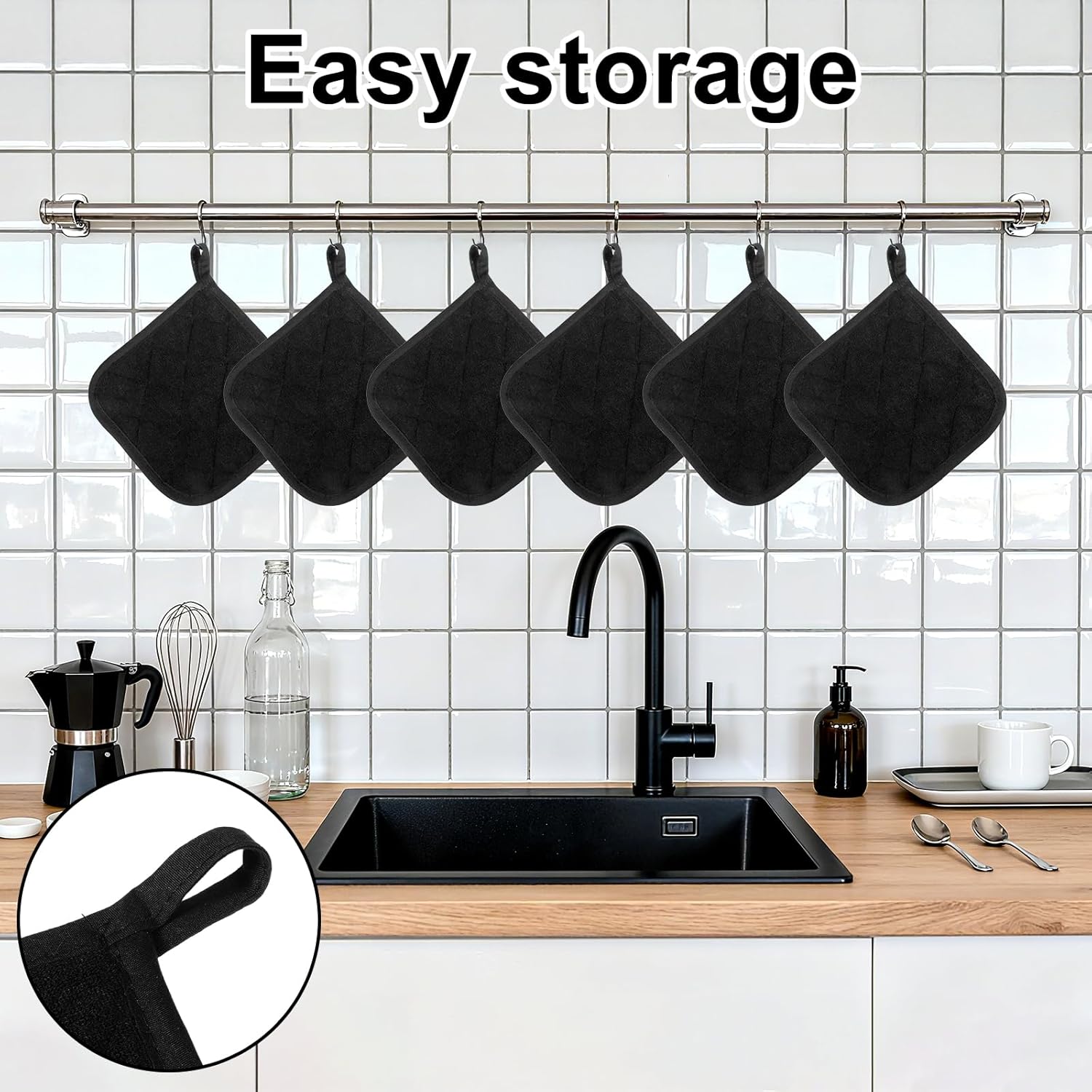 2 Pcs Cotton Pot Holders, 17cm/6.7-Inch Square Potholders for Kitchen, Non Slip Kitchen Pot Holders Cotton Lining Hot Pads for Baking Cooking Oven (Black) - Image 6