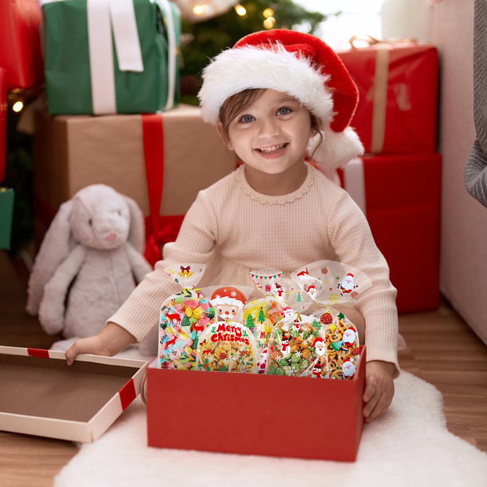 WOGOPRO Sacchetti per biscotti, 120 sacchetti per biscotti, Natale, sacchetti di cellophane, sacchetti di cellophane, sacchetti di Natale, con cravatte a torsione, per biscotti, cioccolato, caramelle