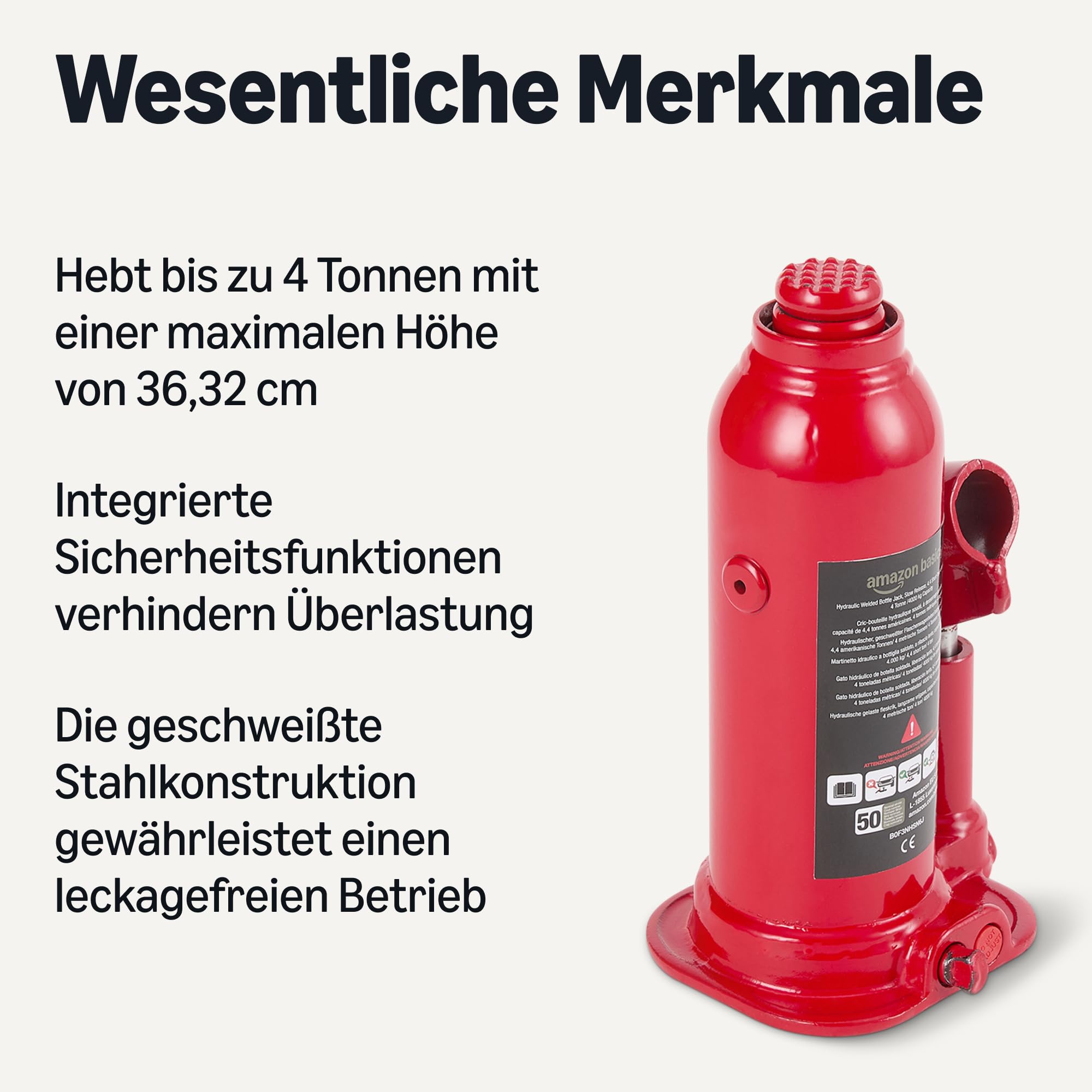 Amazon Basics Borraccia e Martinetto Idraulico Saldato, Capacità fino a 4,4 Tonnellate Corte/4 Tonnellate Metriche/4 Tonnellate/4000 kg, Rilascio Lento, Rosso - 2
