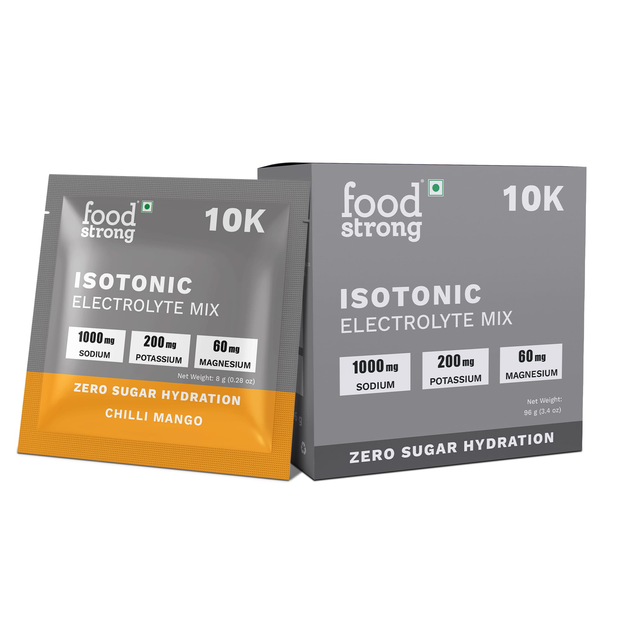 Foodstrong 10K Isotonic Electrolyte Mix – Zero Sugar Hydration | 1000mg Sodium, 200mg Potassium, 60mg Magnesium | Electrolyte Drink Mix – Chilli Mango Flavour – 8g Sachet, Pack of 12-picture-20