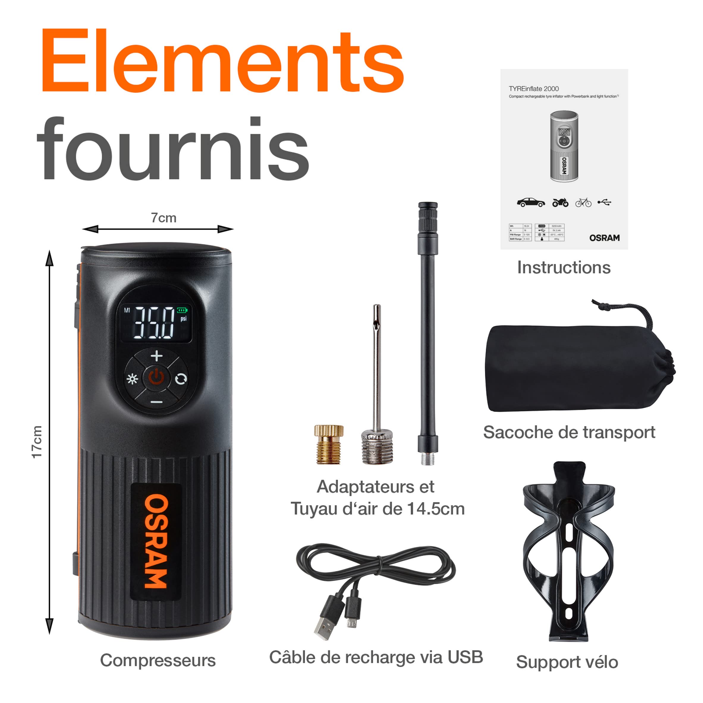 OSRAM TYREinflate 2000, gonfleur de pneus compacte et Rechargeable avec éclairage LED, compresseur Portable, Connexion électrique Via USB, gonflage des pneus en 2 Minutes