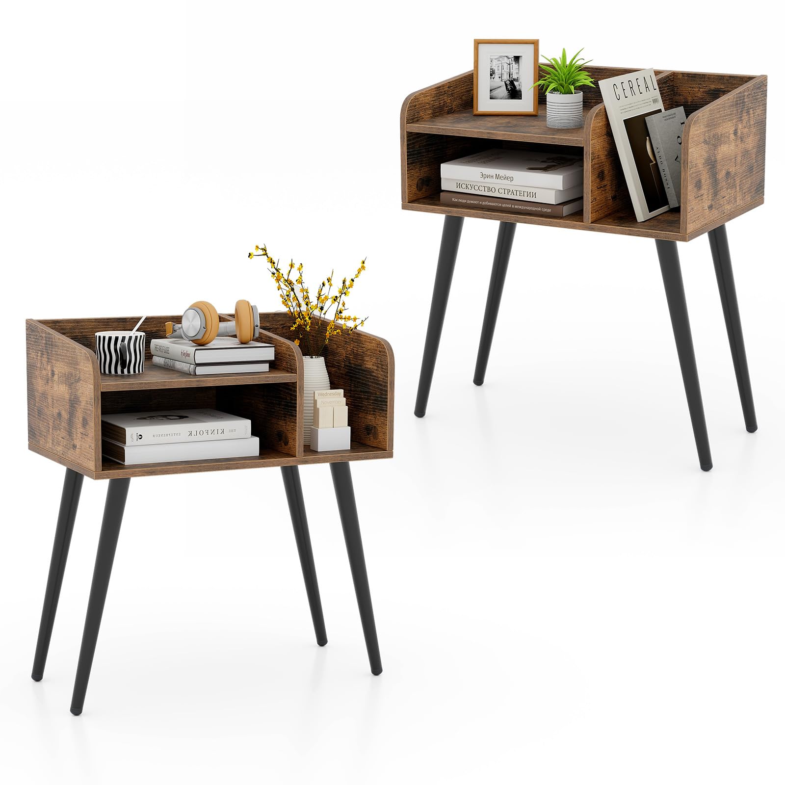 CASART Bedside Tables Set of 1/2, Wooden Nightstand Cabinet End Table with Open Shelves & Metal Support Legs, Modern Accent Sofa Side Table for Bedroom Living Room, 50x32x58cm (2, Rustic Brown+Black)