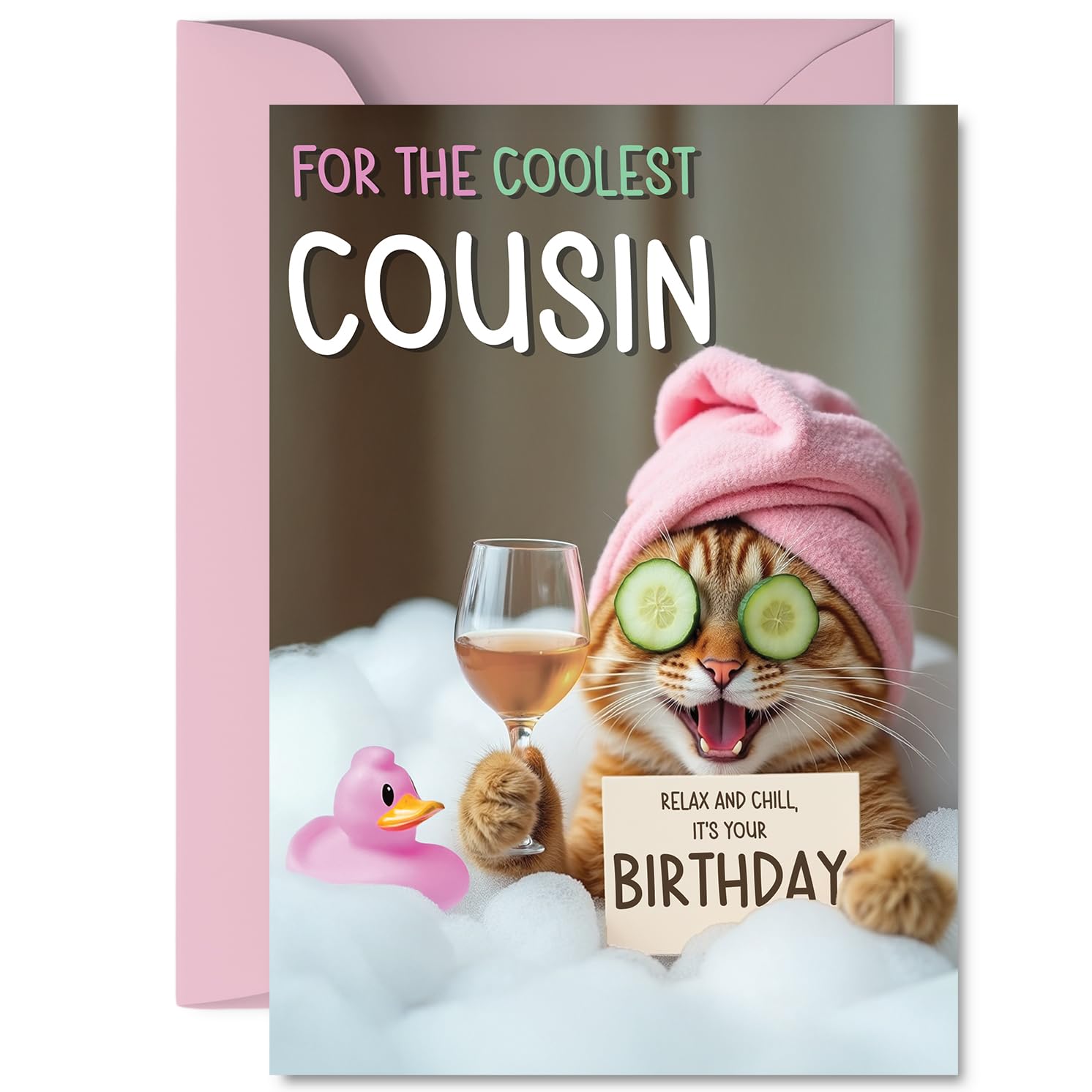 Cousin Birthday Card - Relaxing Bath Cat - Happy Birthday Card for Cousin from Family Relative, A5 Joke Humour Bday Greeting Cards