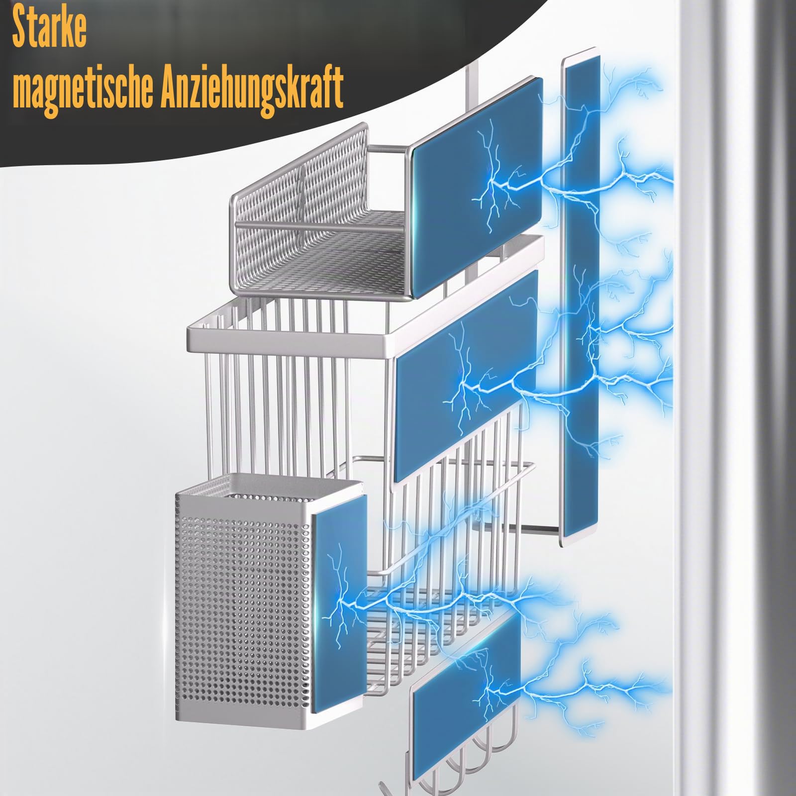 DTUQYX Magnetablage für Gewürz Kühlschrank, 7 Metall-Fach, Tragbarer Organizer, Hakenablage, Halter für Papierhandtücher, Küchenutensilien und Schneidebrett, weiß
