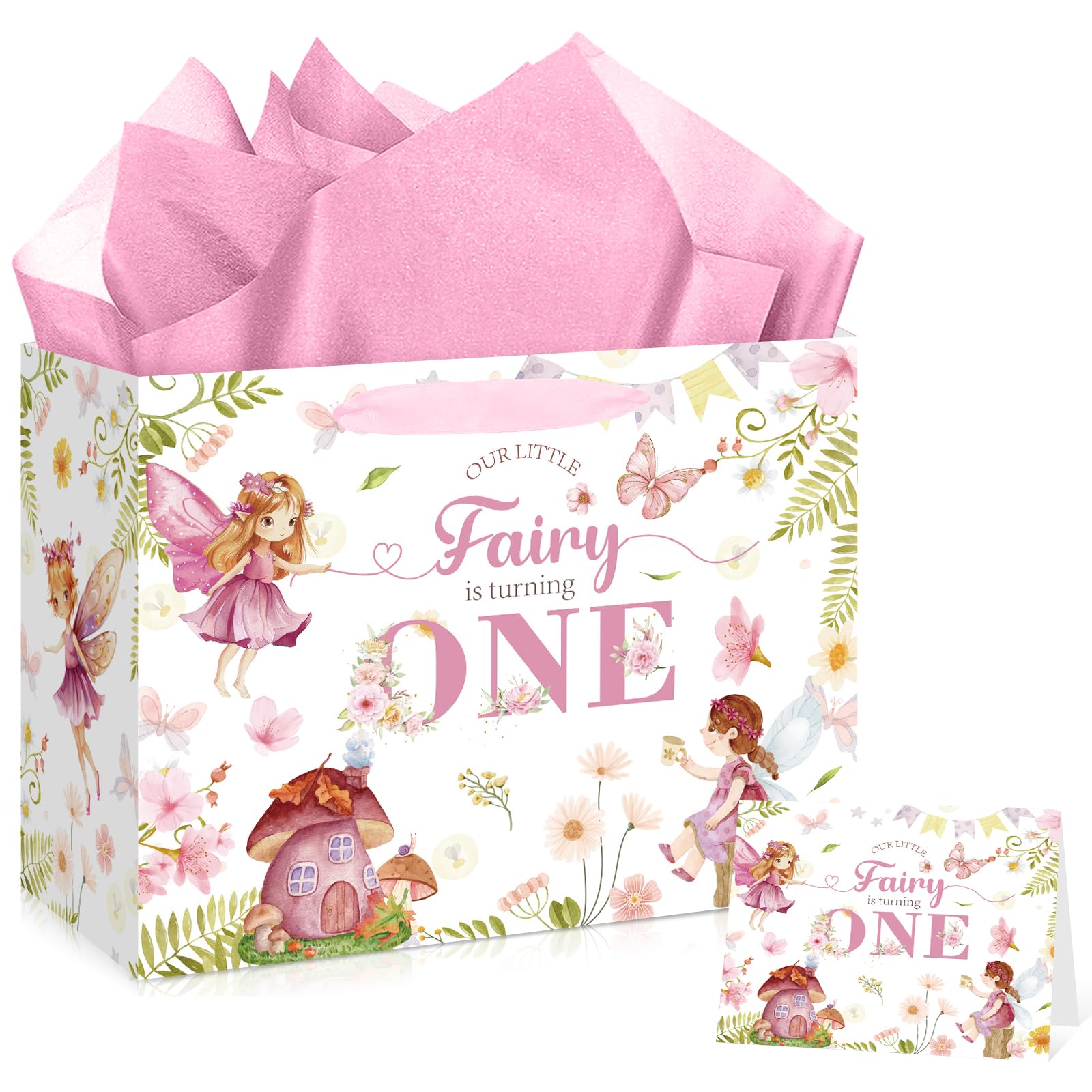 Our Little Fairy is Turning One Birthday Gift Bag with Card & 3 Sheets Pink Tissue Paper, Watercolor Floral Fairy Theme 1st Birthday Present Bag for Girls, Large Luxury Nursery Whimsical Wrap