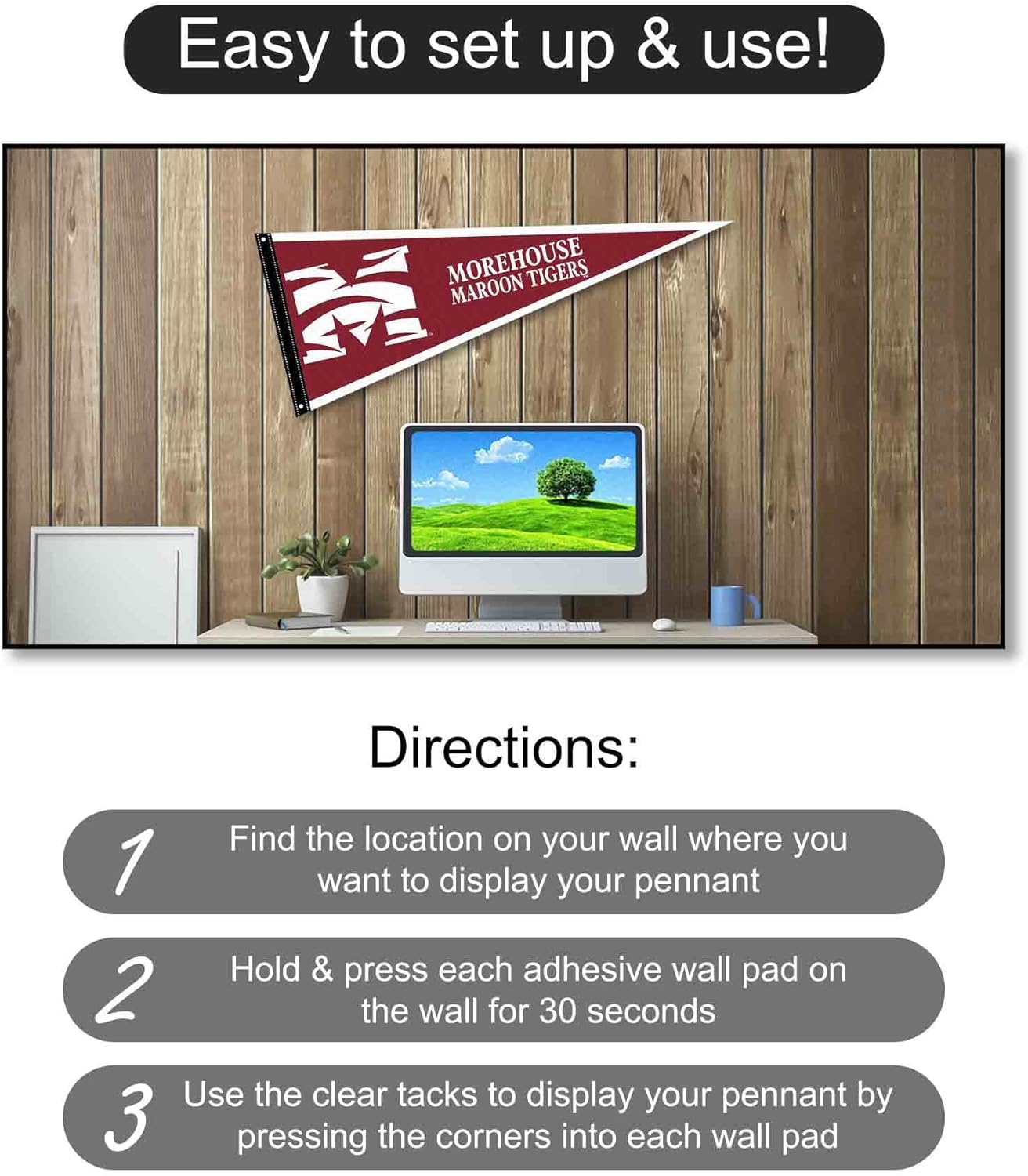 College Flags & Banners Co. Morehouse Maroon Tigers Pennant Flag and Wall Tack Mount Pads - Image 4