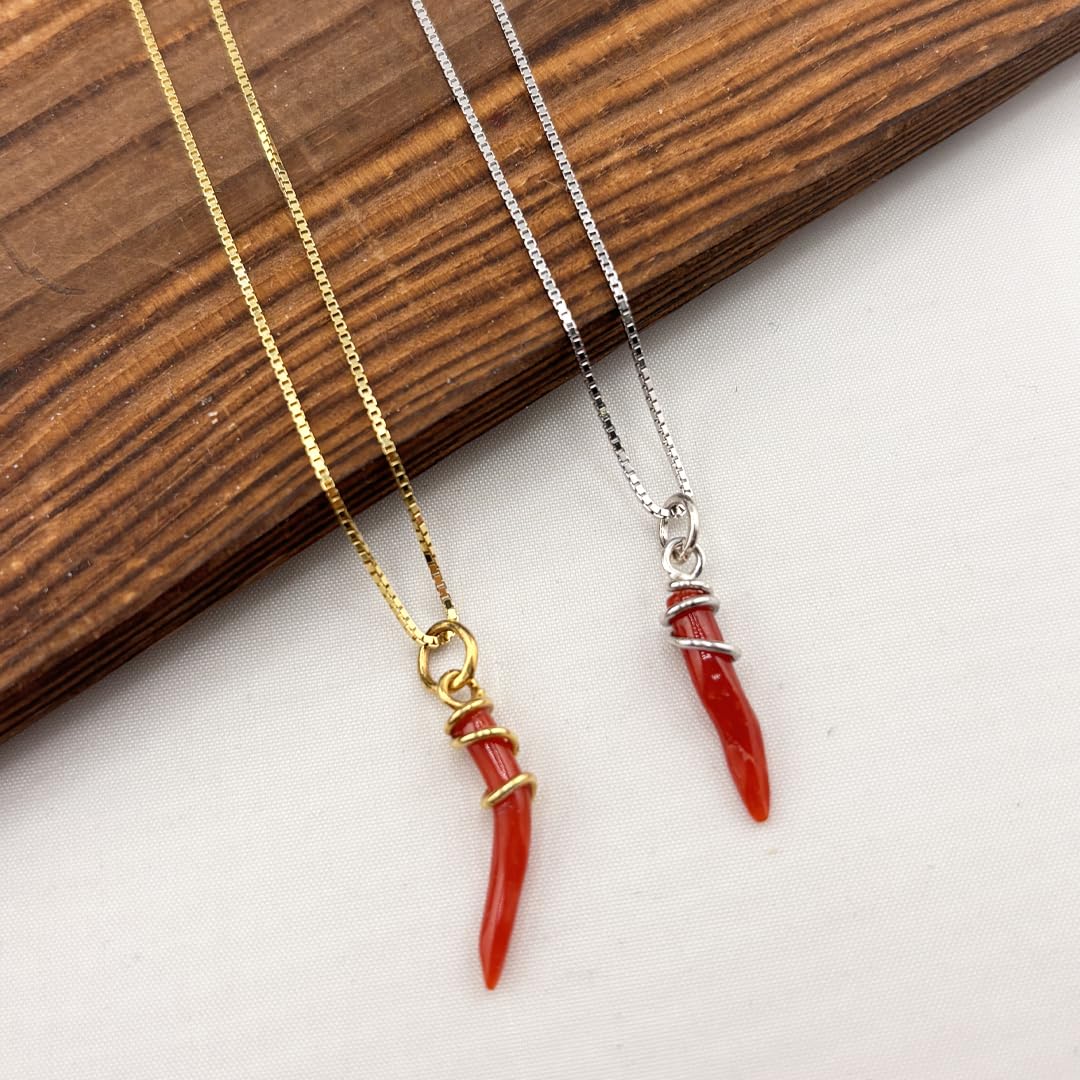 Collana con ciondolo cornetto in corallo rosso naturale e giro di argento 925 dorato fatto a mano catenina veneziana 40/45/50 cm a scelta gioiello fatto a mano unisex uomo donna